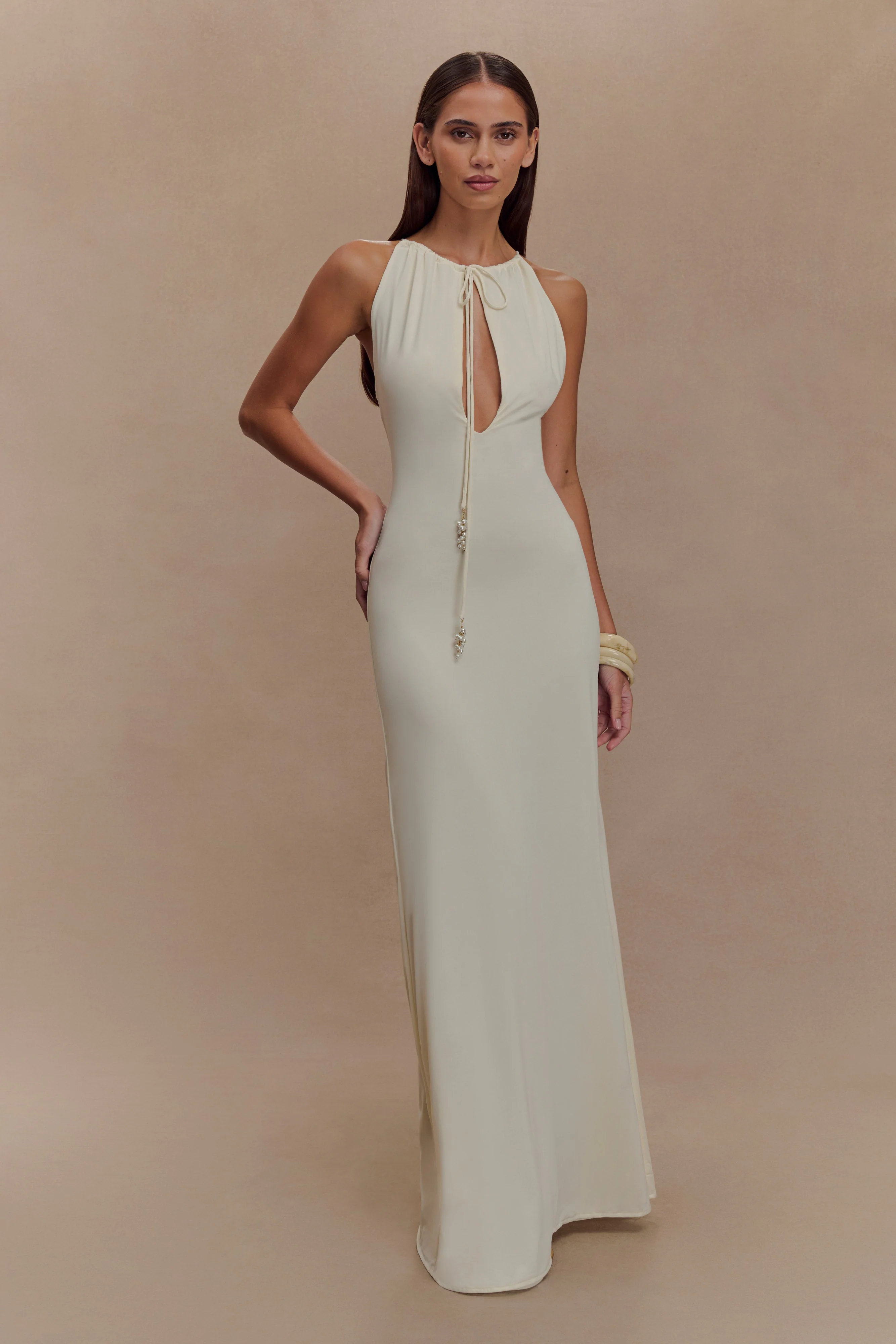 Beryl Slinky Maxi Dress With Pearls - Ivory