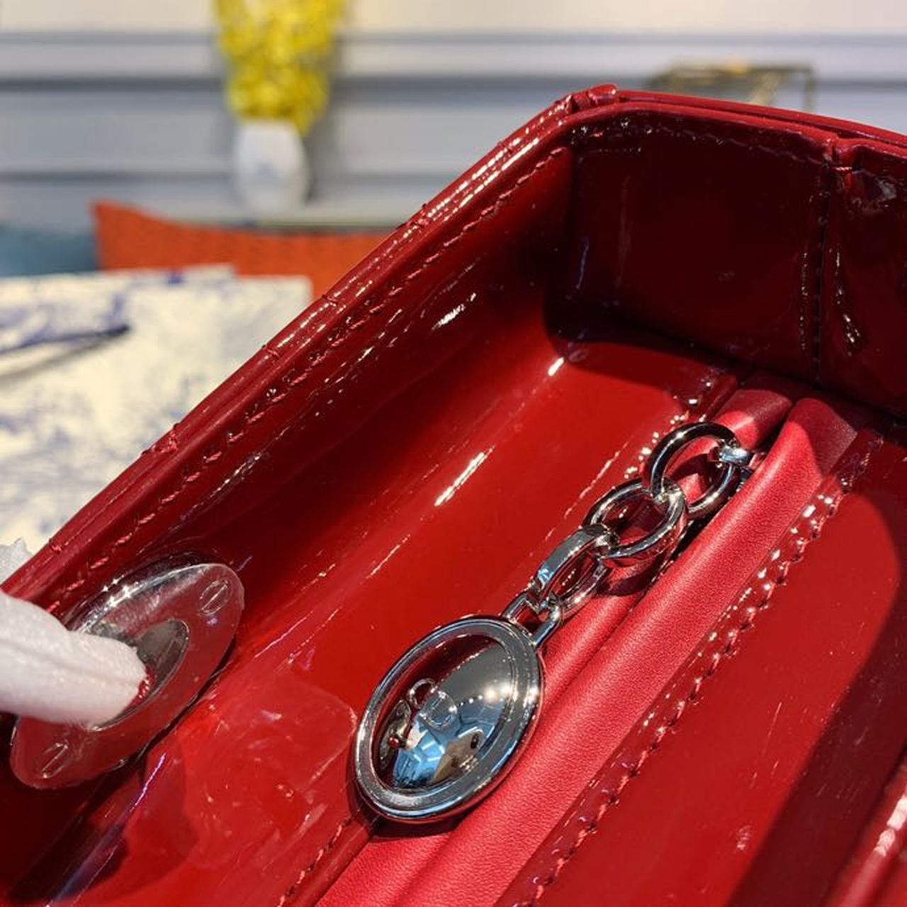 Christian Dior Large Lady Dior Bag Silver Hardware Cherry Red Patent For Women 12.5in/32cm CD1:1High-quality replica