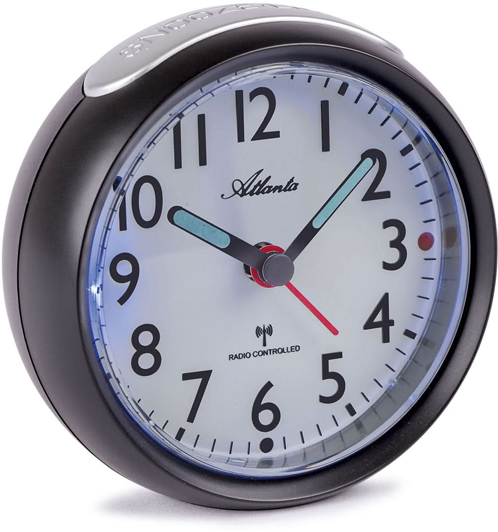Atlanta Modern Radio Alarm Clock Ø 9.5 cm Plastic • Geräuscharmes Funkwerk • Automatische Zifferblattbeleuchtung