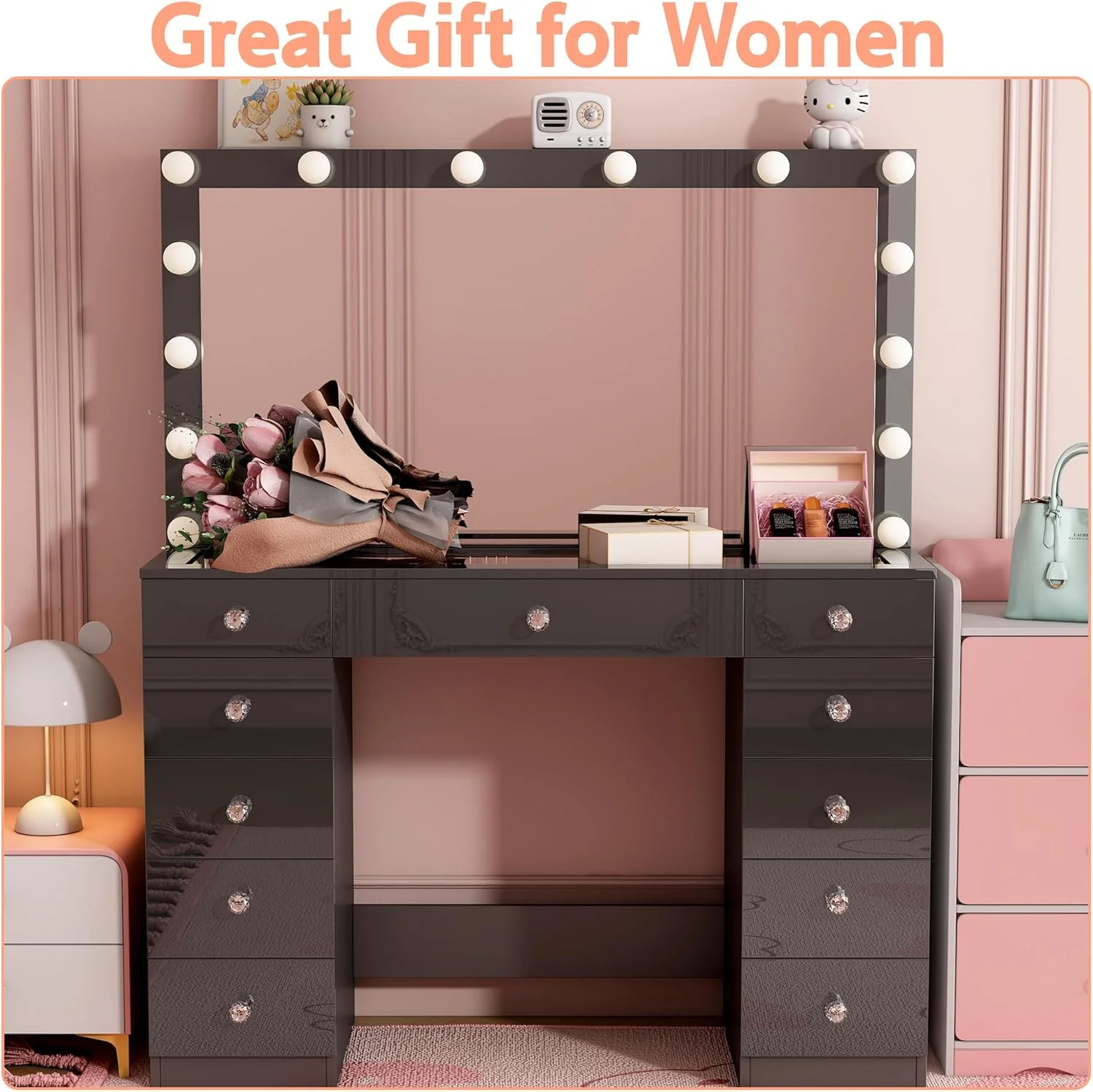 Vanity Desk with Power Outlet, Makeup Vanity with Mirror and 14 LED Light, 3 Lighting Modes,11 Drawer Vanity Table with Sliding Jewelry Storage, Glass Top, Specular Surface - Image 13