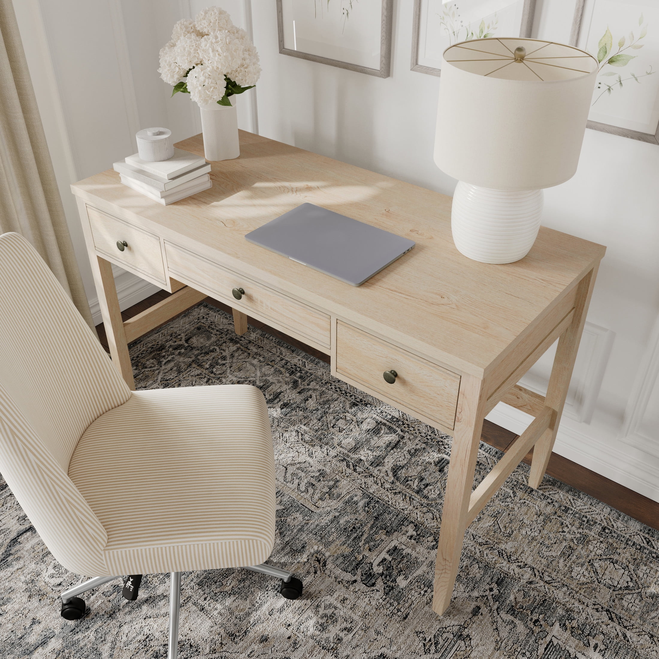 Martha Stewart Home Office Writing Desk with Tapered Legs in Light Natural with Antique Bronze Hardware