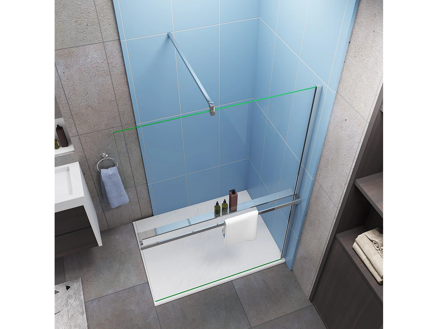 Paroi de douche fixe 100x200 cm - verre 8 mm anticalcaire - Noir mat + Étagère de Douche 100cm en alu