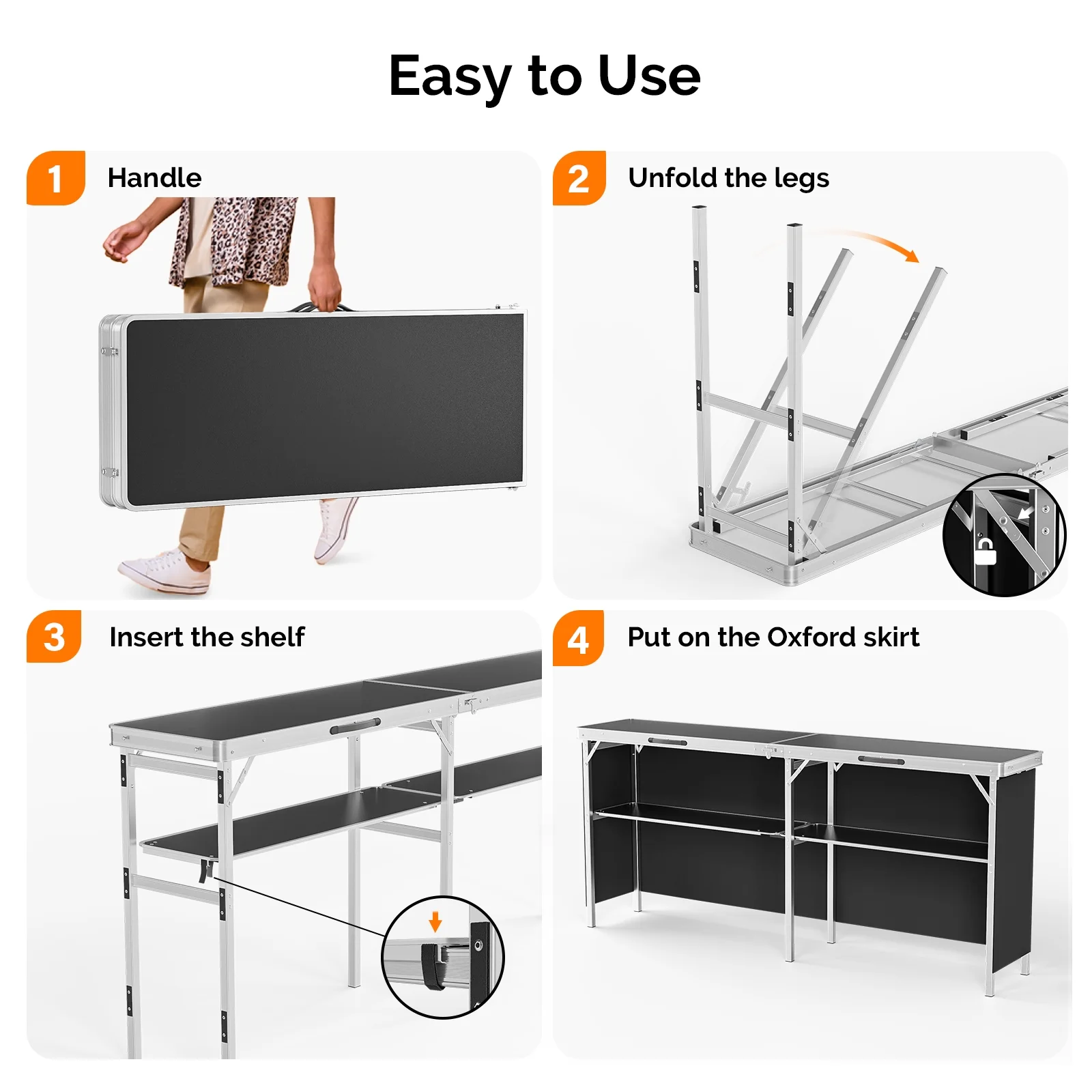 Ktaxon 78" Foldable Bar Table, Mobile Bar with 3-Tier Shelves & Carry Bag - Perfect for Events, Parties, Camping, Picnics, Tradeshows, and Both Outdoor/Indoor Use (Comes with Black Skirt, Black) - Image 2