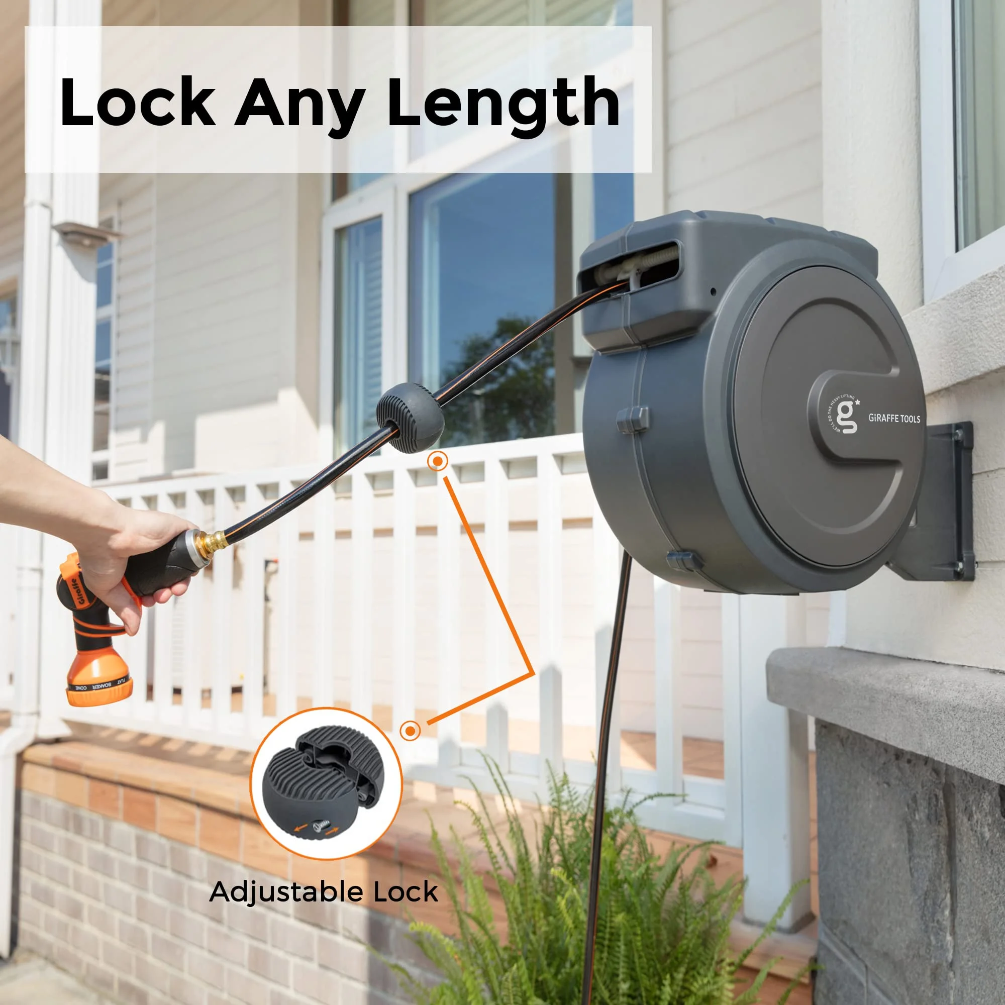 Giraffe Tools Retractable Garden Hose Reel with 1/2in-100ft Water Hose, Plastic Bracket, Wall Mounted, Dark Grey - Image 4