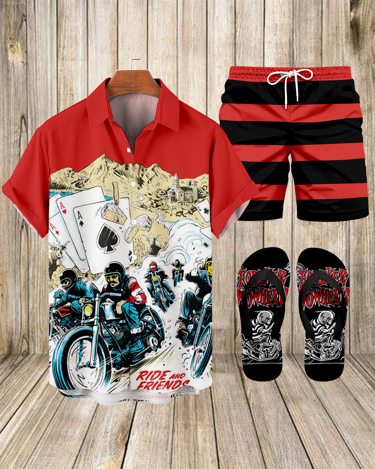 Suitmens Men's Modified Motorcycle Print Shirt Three-Piece Set 067