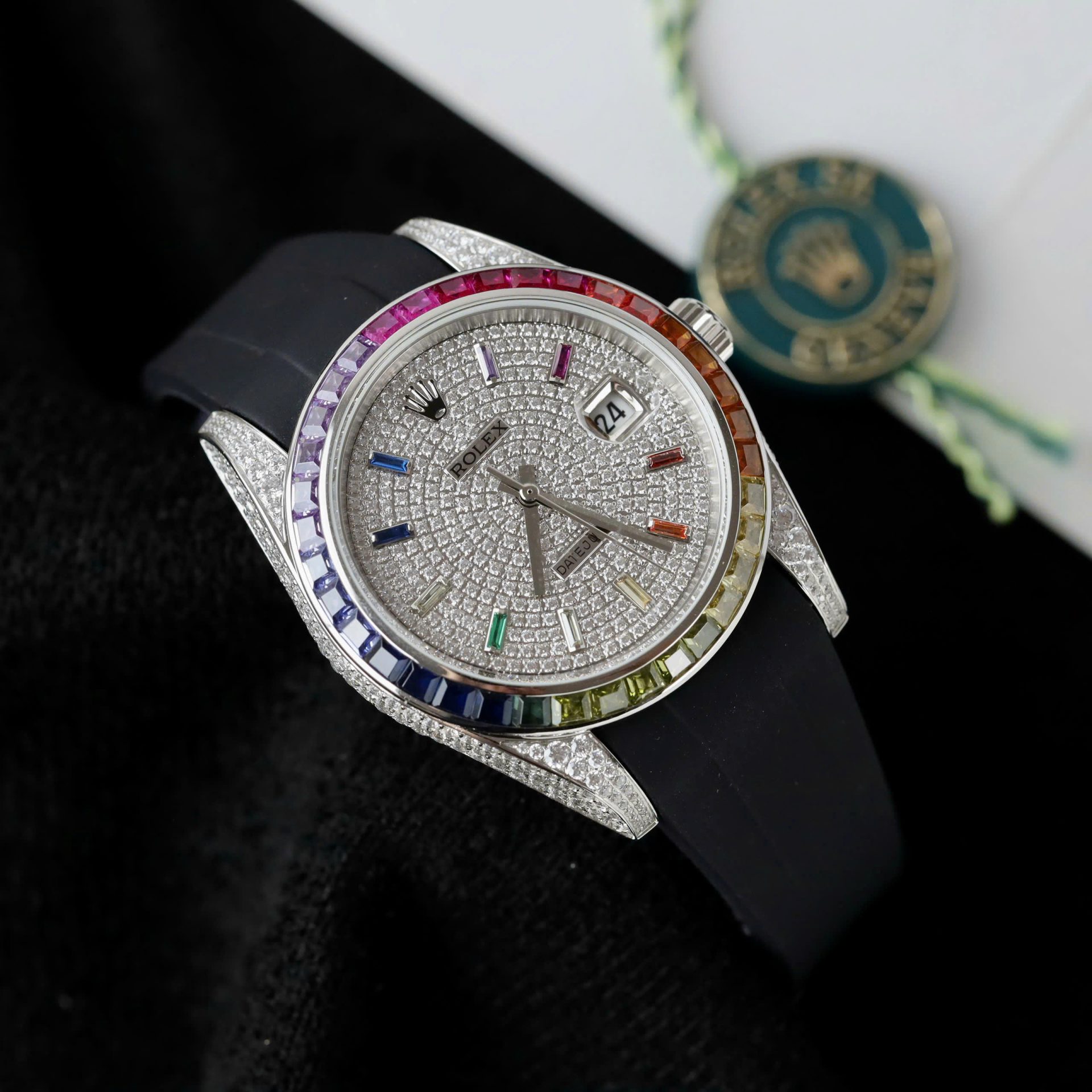 Rolex DateJust Rainbow Fake Watch Rubber Strap 41mm - Elite Watch Atelier