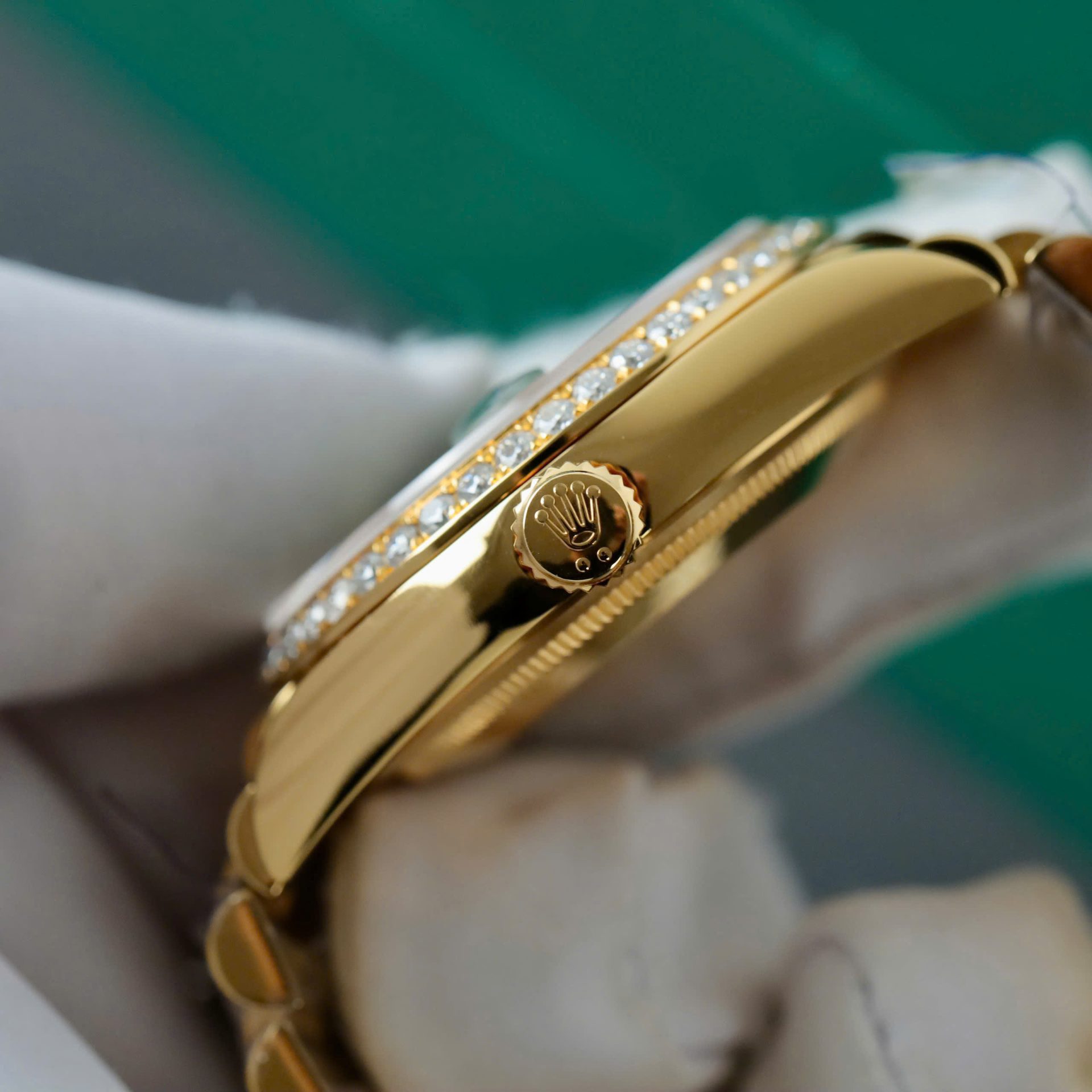 Rolex Day-Date Dial Green Ombre Copies Watch Gold Wrapped + Diamonds Moissanite Custom 36mm - Elite Watch Atelier