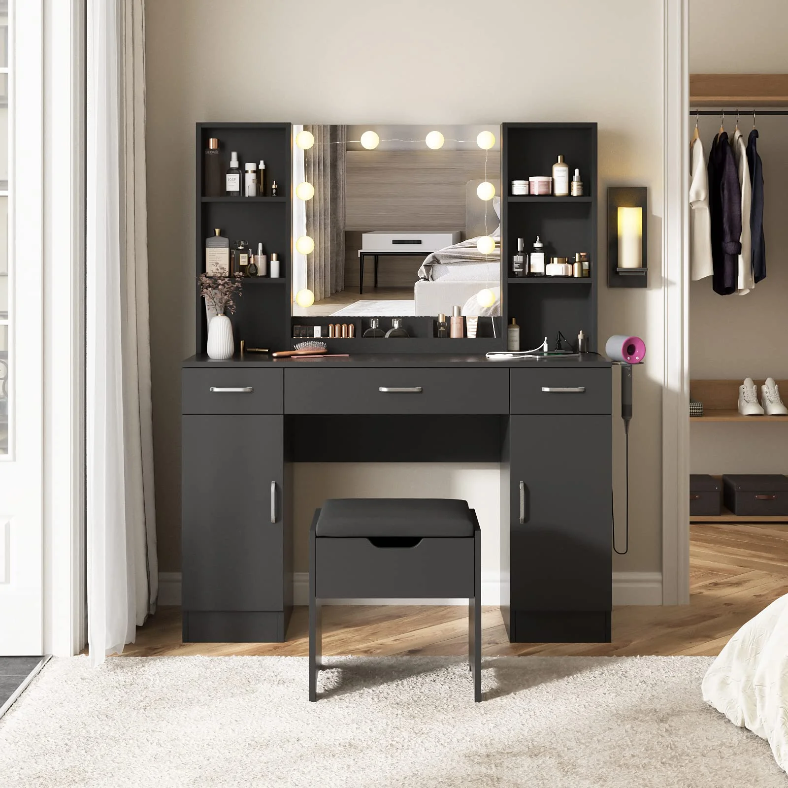 VEANERWOOD Large Makeup Vanity Set with Light Modern Makeup Vanity Table with Storage and Adjustable Lighting Colors for Bedroom 45.2in, White - Image 31