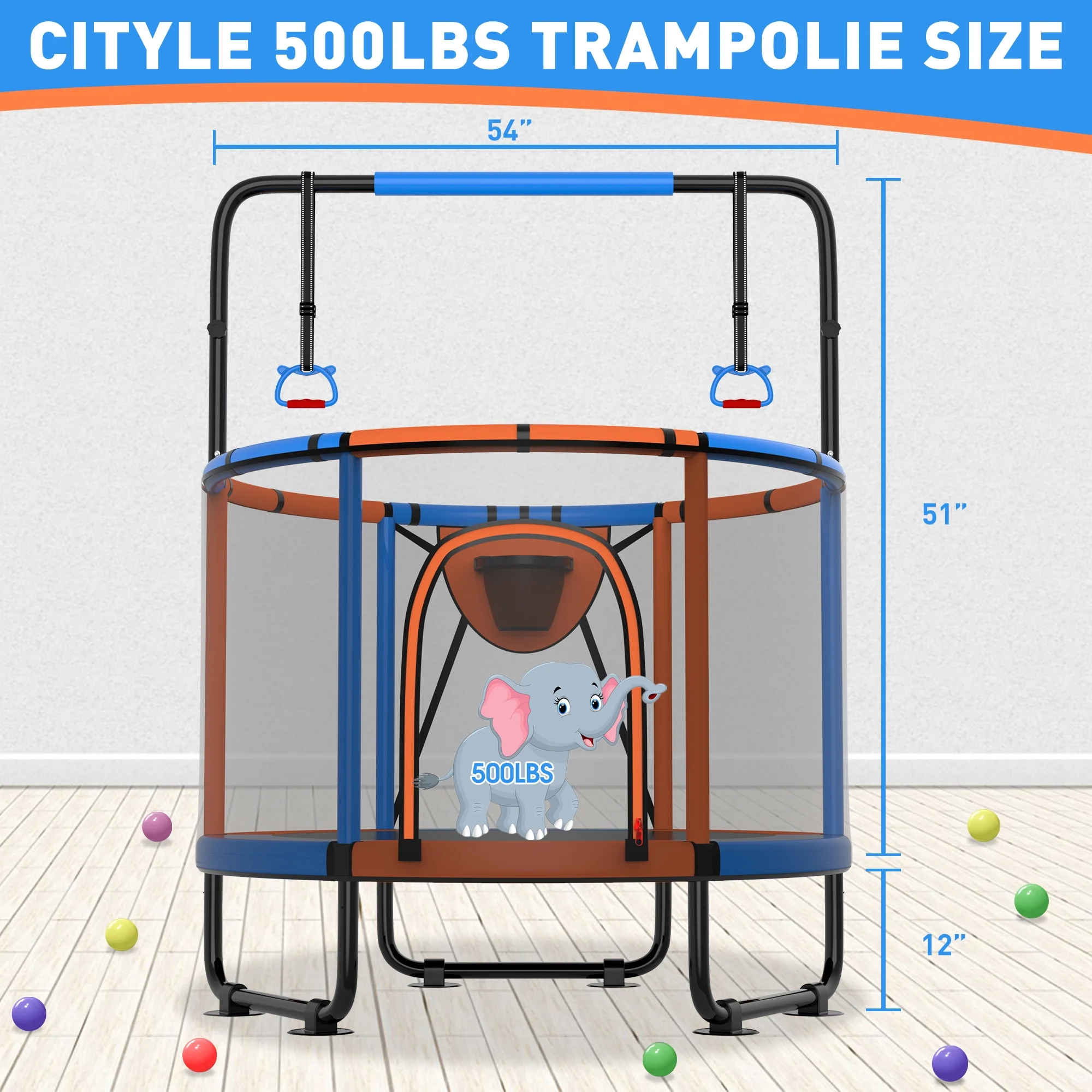 CITYLE Trampoline for Kids 600LBS 60'' 5FT Toddler Trampoline Indoor Outdoor with Basketball Hoop, Swing, Adjustable Bar, Mini Small Trampoline with Enclosure, Gifts for Toddlers, Boys & Girls - Image 56