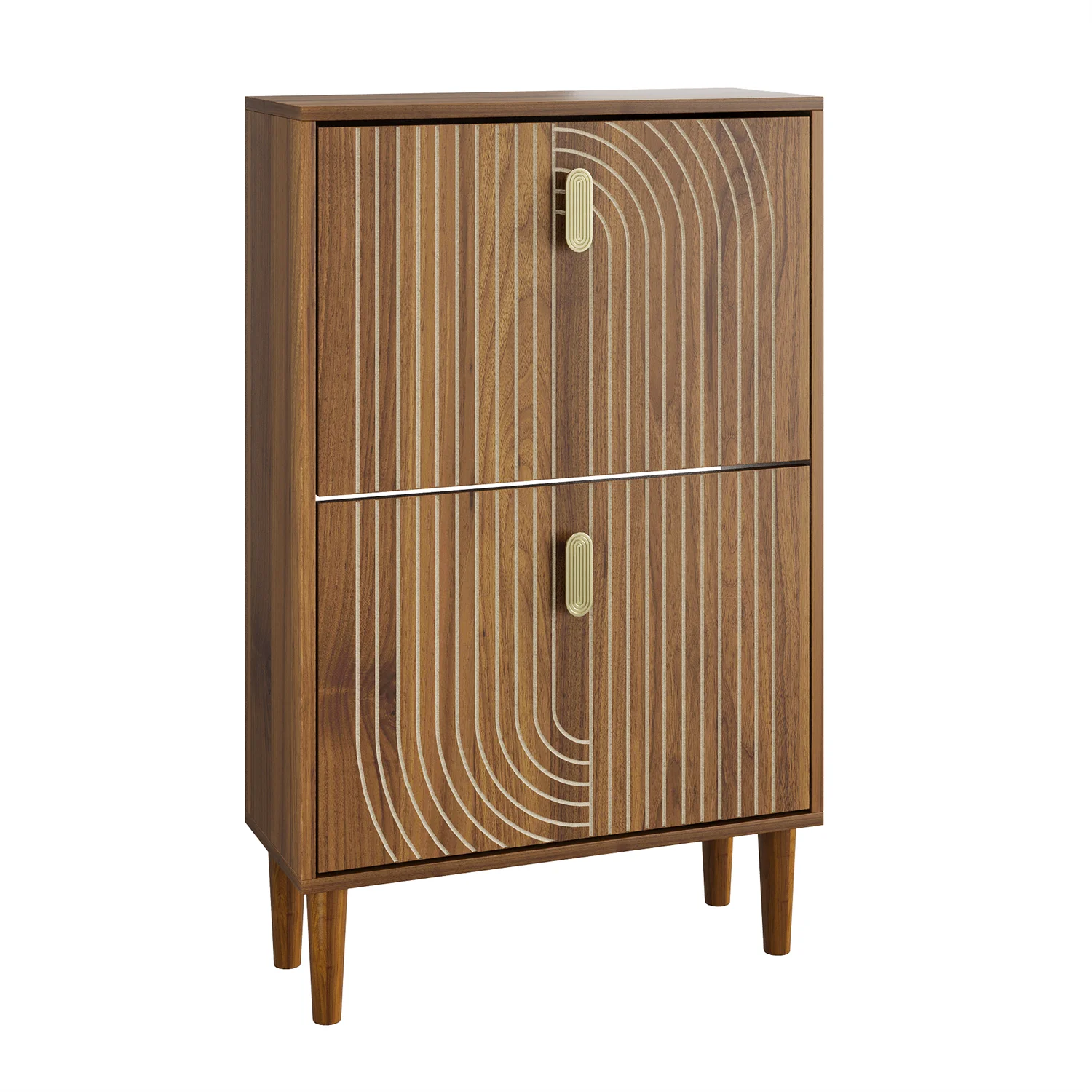 Hommoo 2 Flip Drawers Shoe Storage Cabinet, Freestanding Shoe Cabinet with Metal Handles & line groove design, Shoe Rack Cabinet, Walnut - Image 3