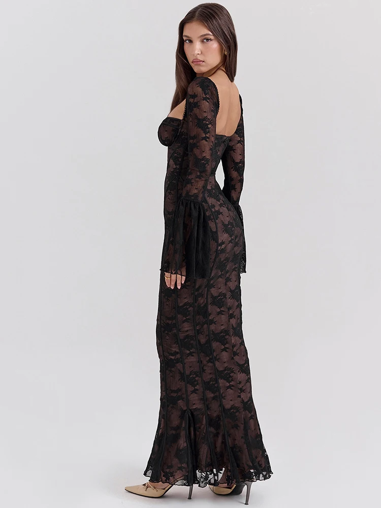 Lace Print Long Flare Sleeve Sexy Maxi Dress For Women Fashion Square Collar Backless Bodycon Club Party Sexy Dress - AZJHJ