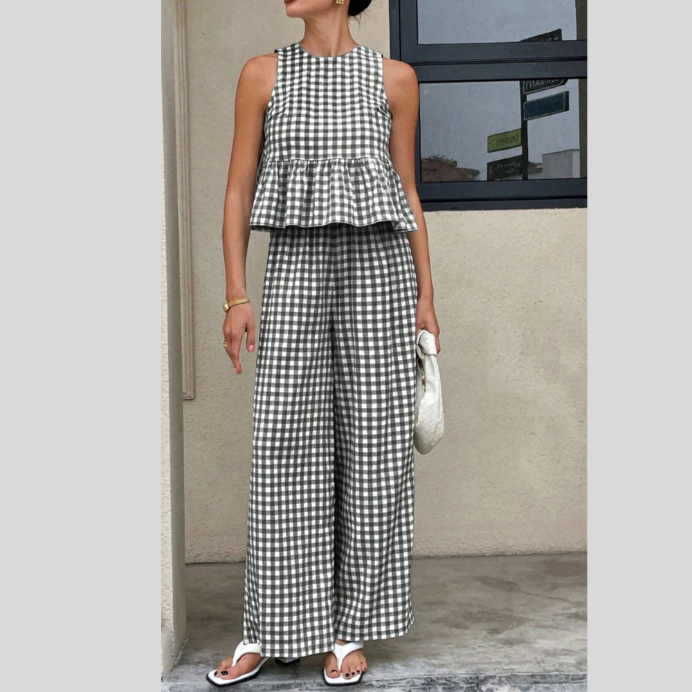 Gingham Sleeveless Top and Wide-Leg Pants Set - ZKZOOK