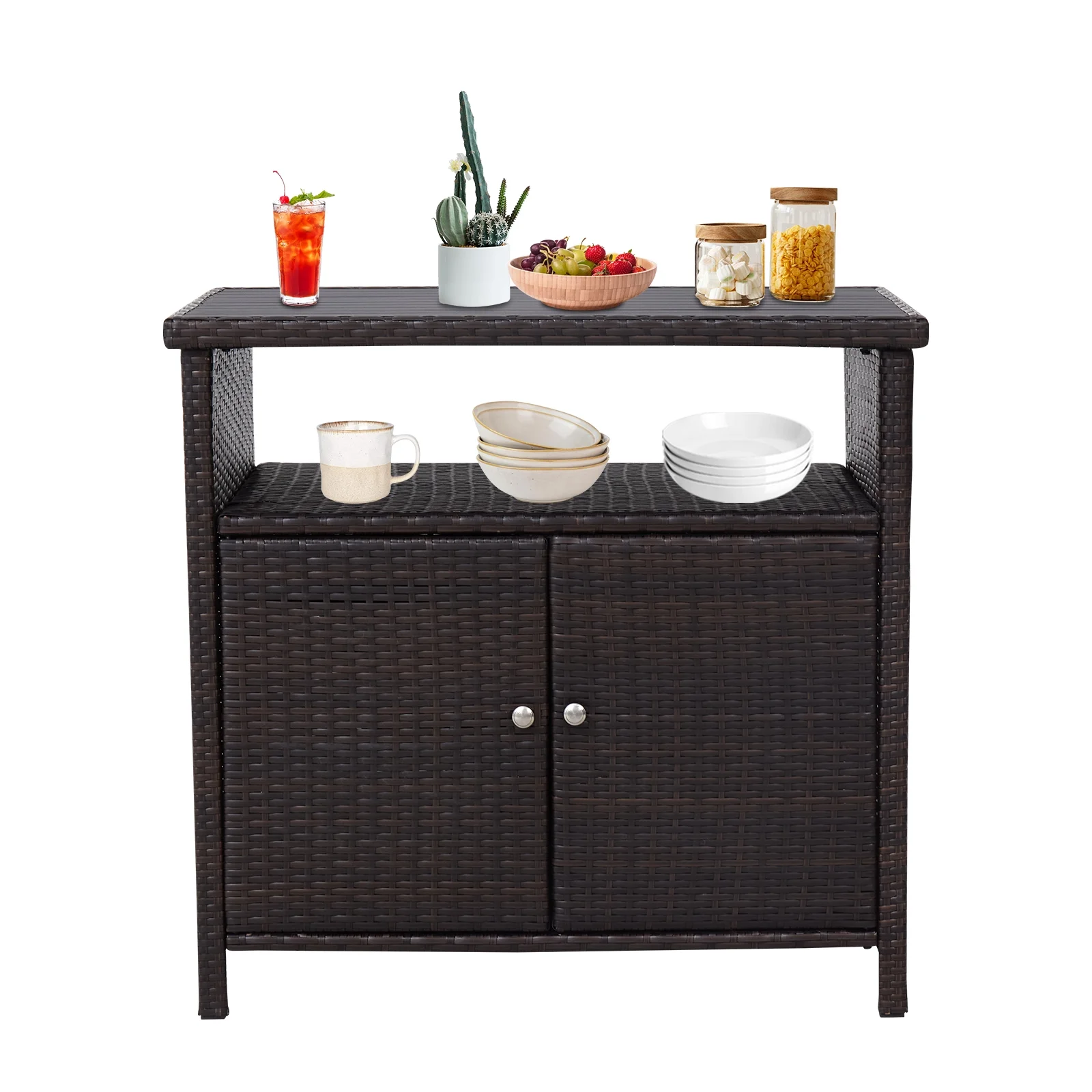 Kinbor Outdoor Wicker Storage Cabinet, Patio Bar Tables with Two Doors & Shelves, Weatherproof Storage Console Table, Dark Brown