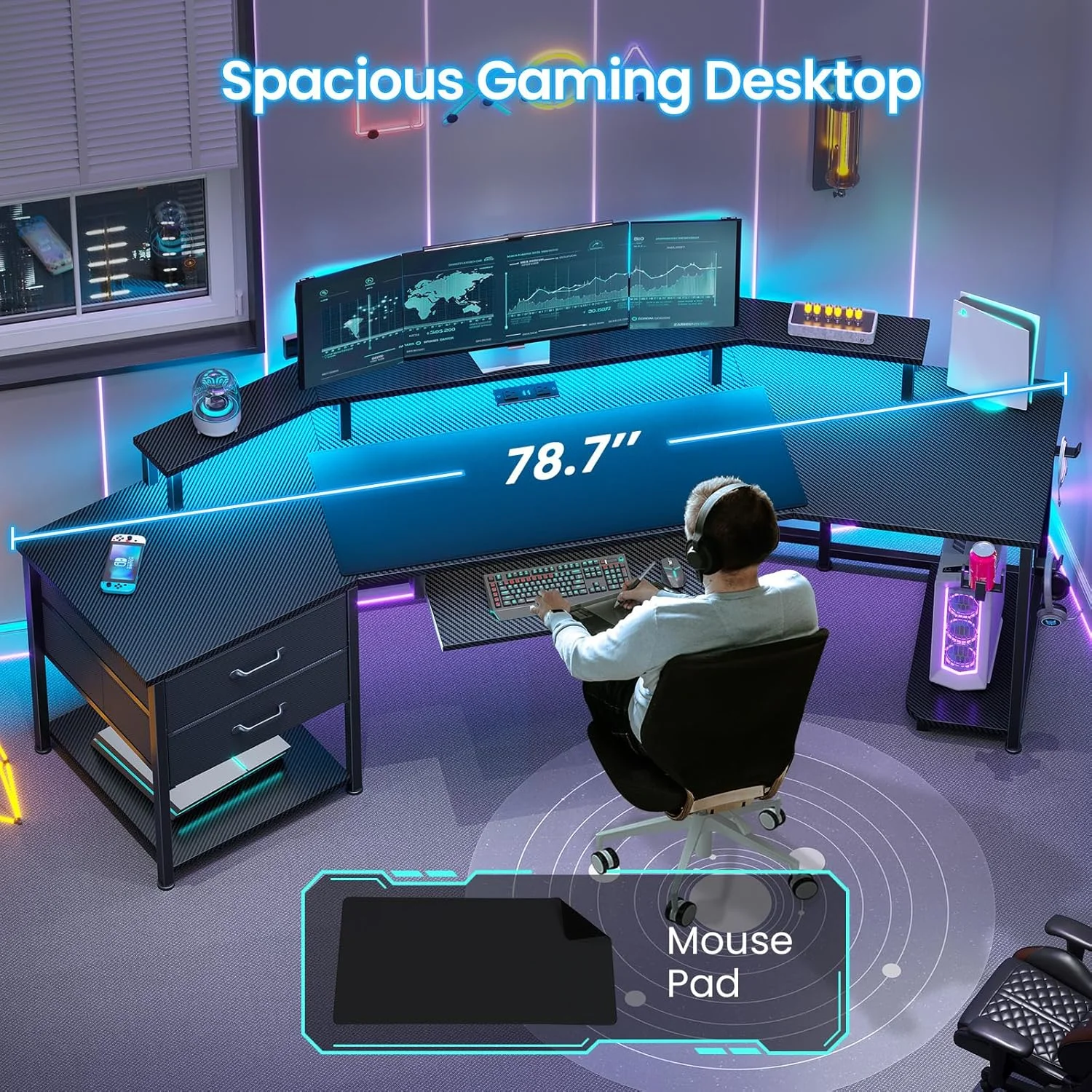 79" Gaming Desk with LED Lights and Power Outlets, U Shaped Desk with Monitor Stand and Drawers, Gaming Table with Keyboard Tray, Cup Holder and CPU Stand for Bedroom, Carbon Fiber Black - Image 8