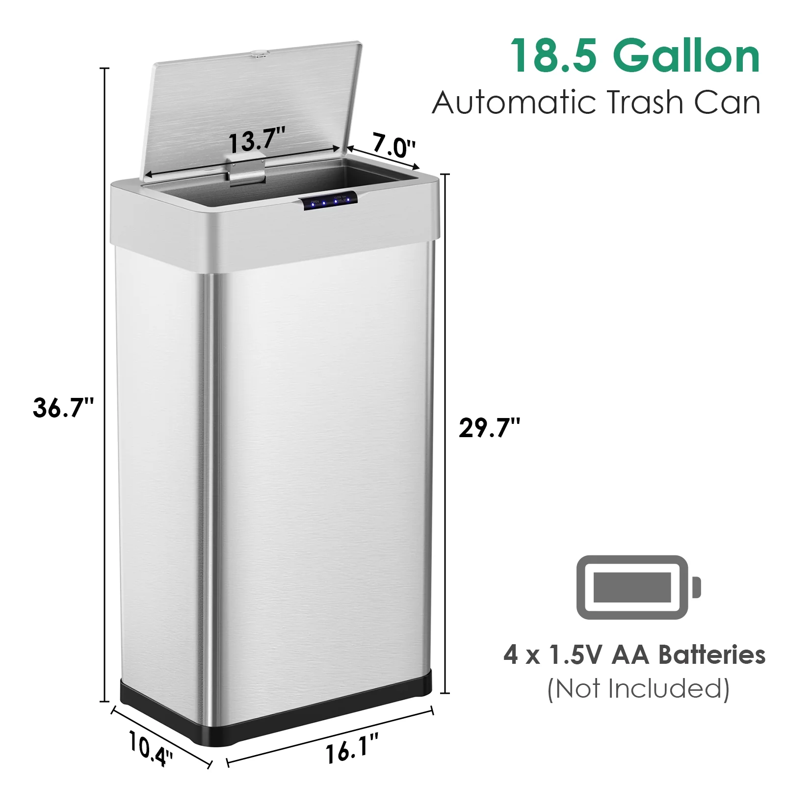 LAZY BUDDY 60 Liter / 16 Gallon Stainless Steel Motion Sensor Trash Can for Kitchen, Bathroom, Rectangular - Image 13