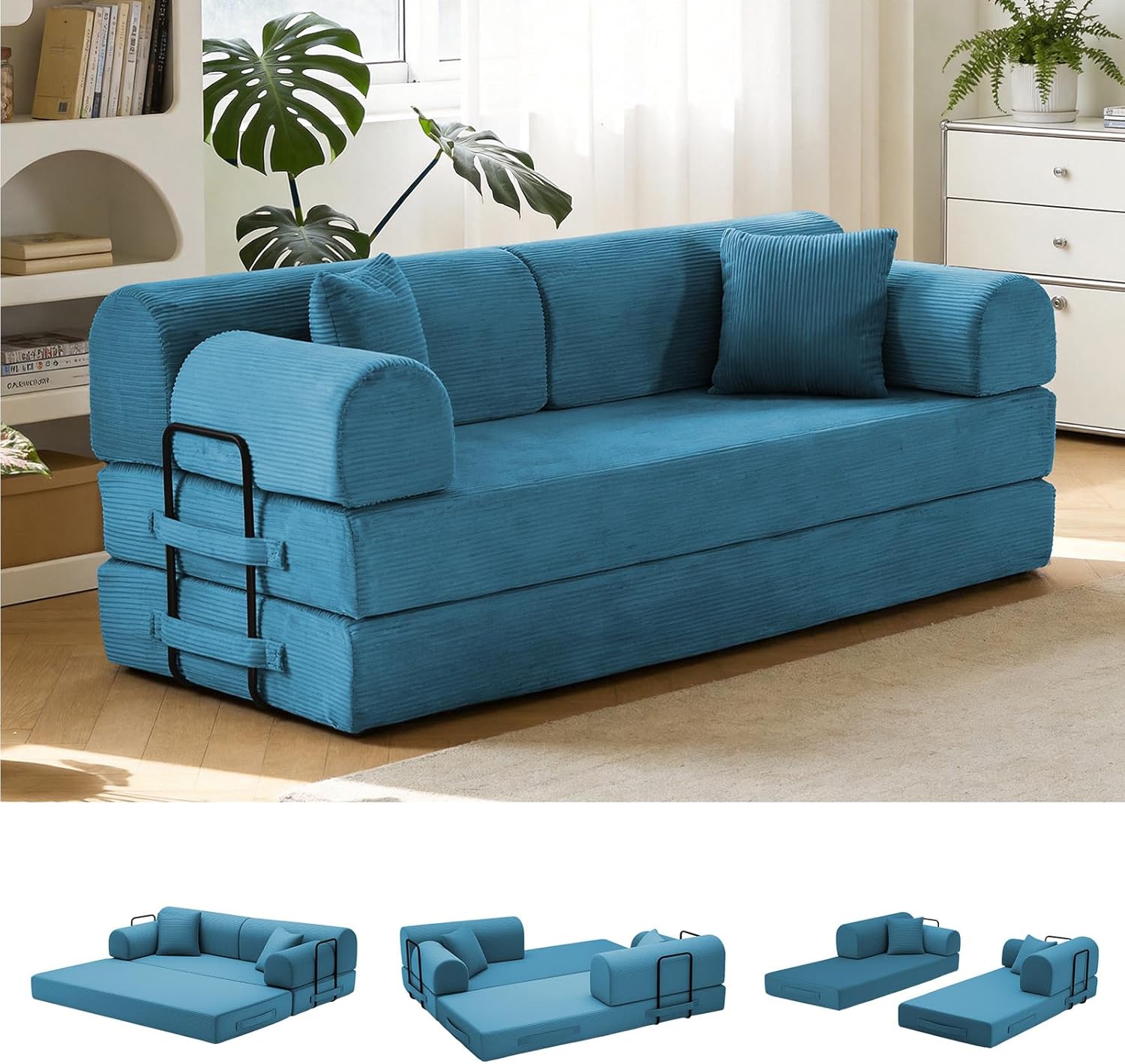 79'' Convertible Sofa Bed, 6 in 1 Folding Floor Futon Couch Sleeper with Fixed Frame, Corduroy Modular Sofa Bed with Removable Armrests & Pillows, No Assembly for Living Room Bedroom (Light Blue)