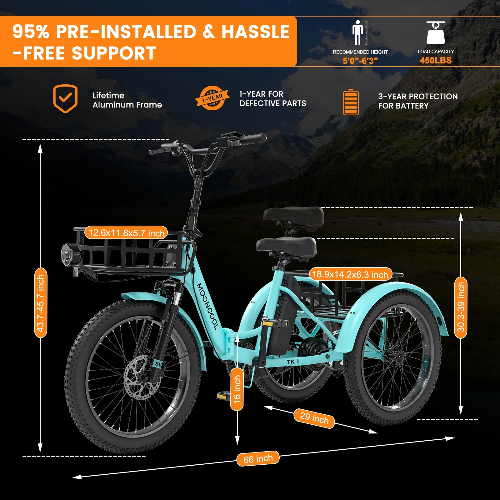 MOONCOOL TK1 Folding Electric Tricycle for Adults,48V 14.5Ah Removable battery, 500W(Peak 1000w)Motor, 20" Fat Tire Step-Thru 3Wheel Electric Bicycle w/Front&Rear Baskets, Certified to UL 2849 by SGS - Image 72