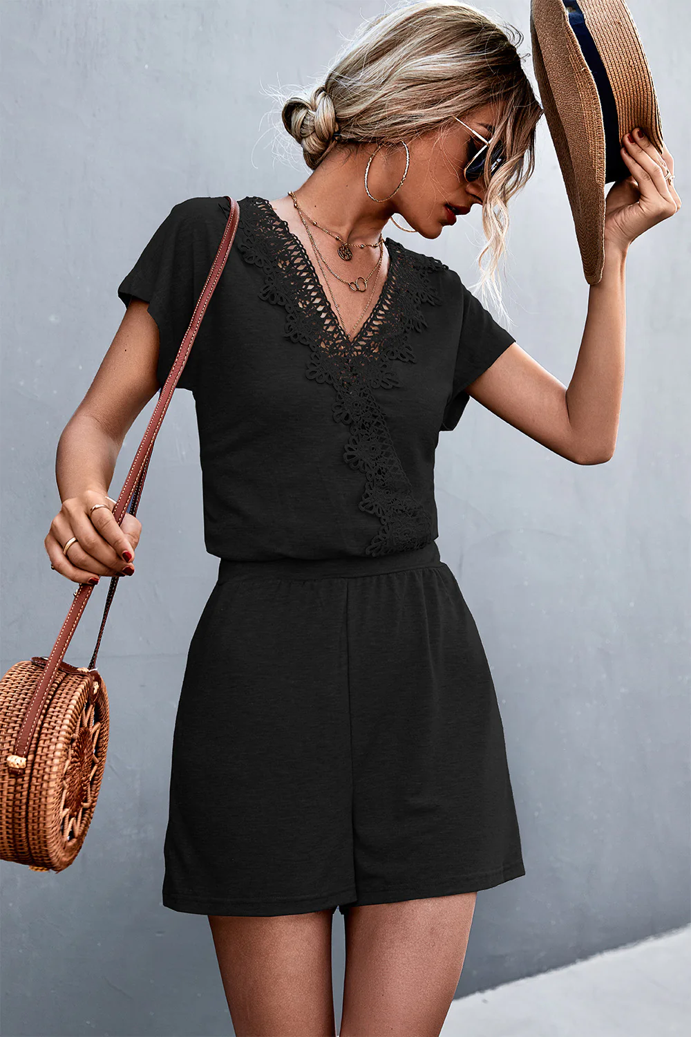 Lace Trim V-Neck Romper - ZKZOOK