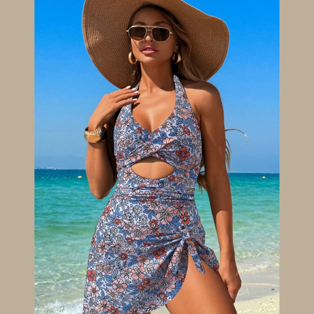 Cutout Printed Halter Neck One-Piece Swimwear - ZKZOOK
