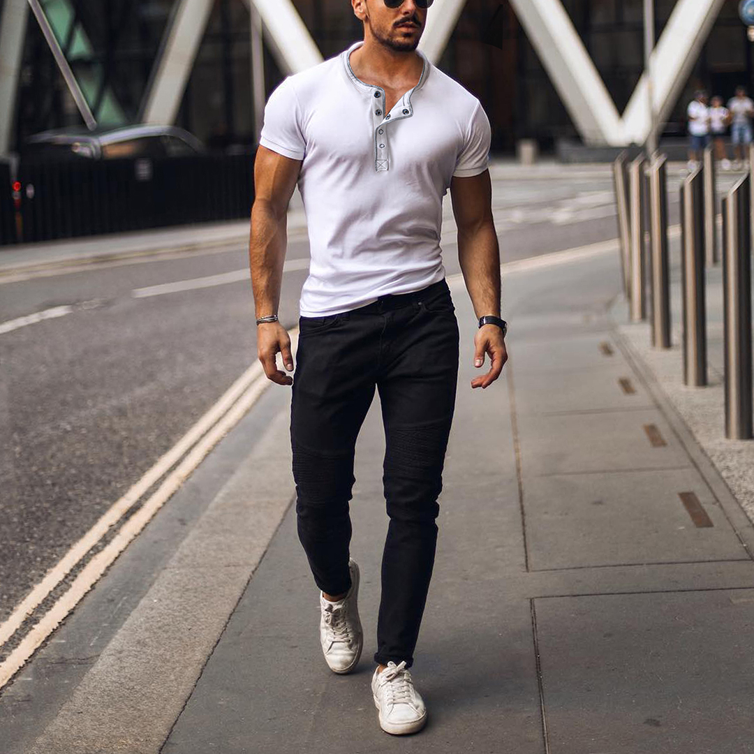 Men's Casual Breathable Vintage Henley Collar Cotton Short Sleeve T-Shirt