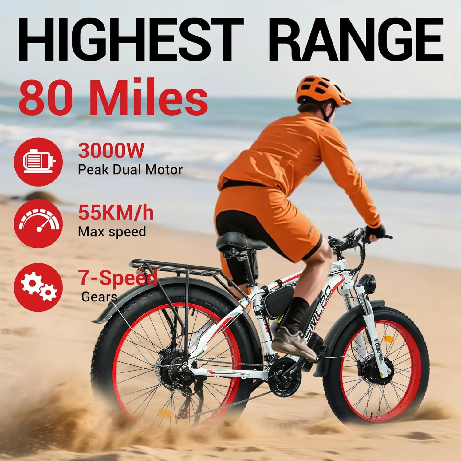 3000W Peak Dual Motor Ebike, 52V 30AH Battery Electric Bike for Adults, 7-Speed 40MPH AWD Ebike Mountain Snow E-Bike with 26" x 4.0 Fat Tire MTB Hydraulic Disc Brake for Off-Road Snow - Image 13