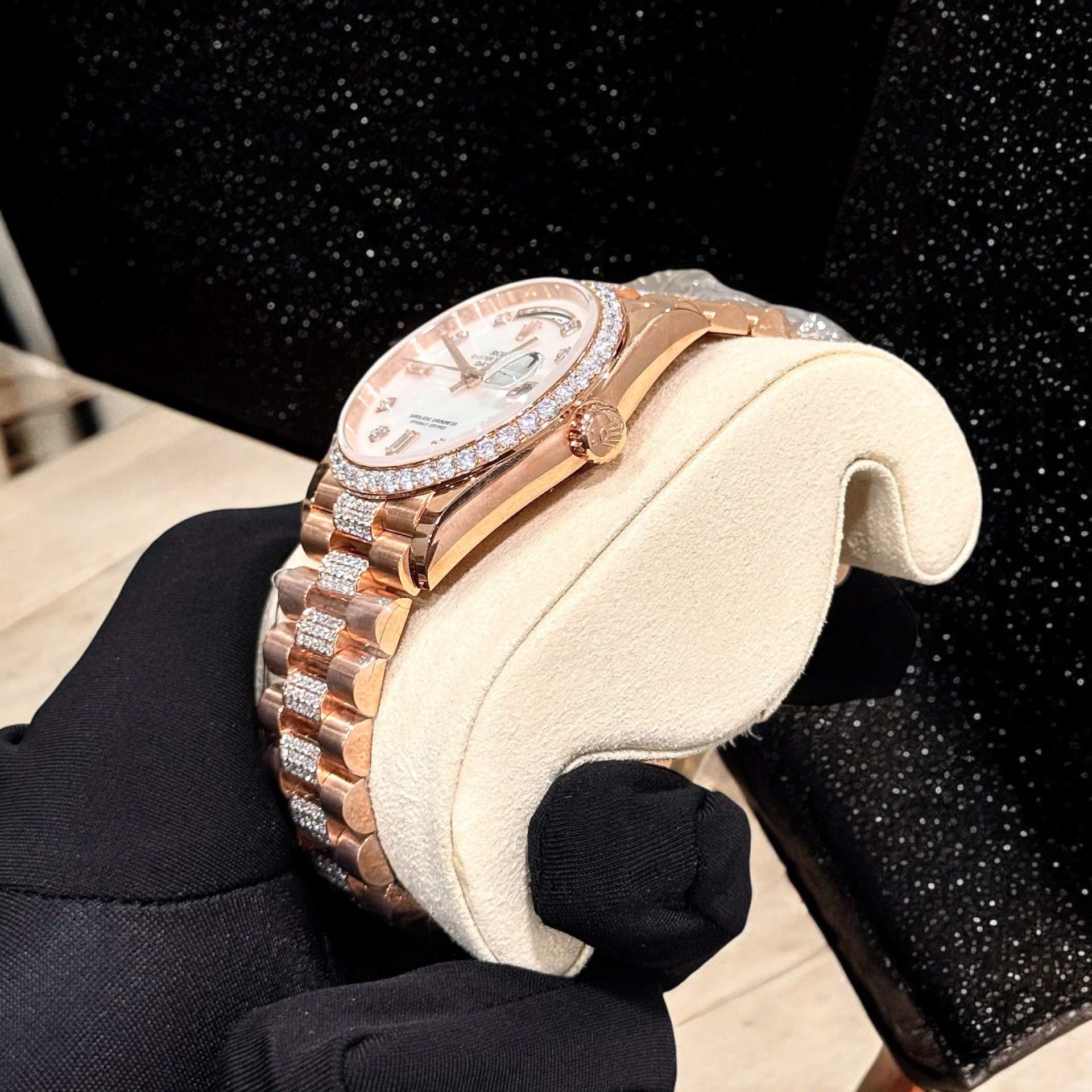 Rolex Day-Date Replica Watch Gold Wrapped Moissanite Diamonds Hong Kong 36mm - Elite Watch Atelier