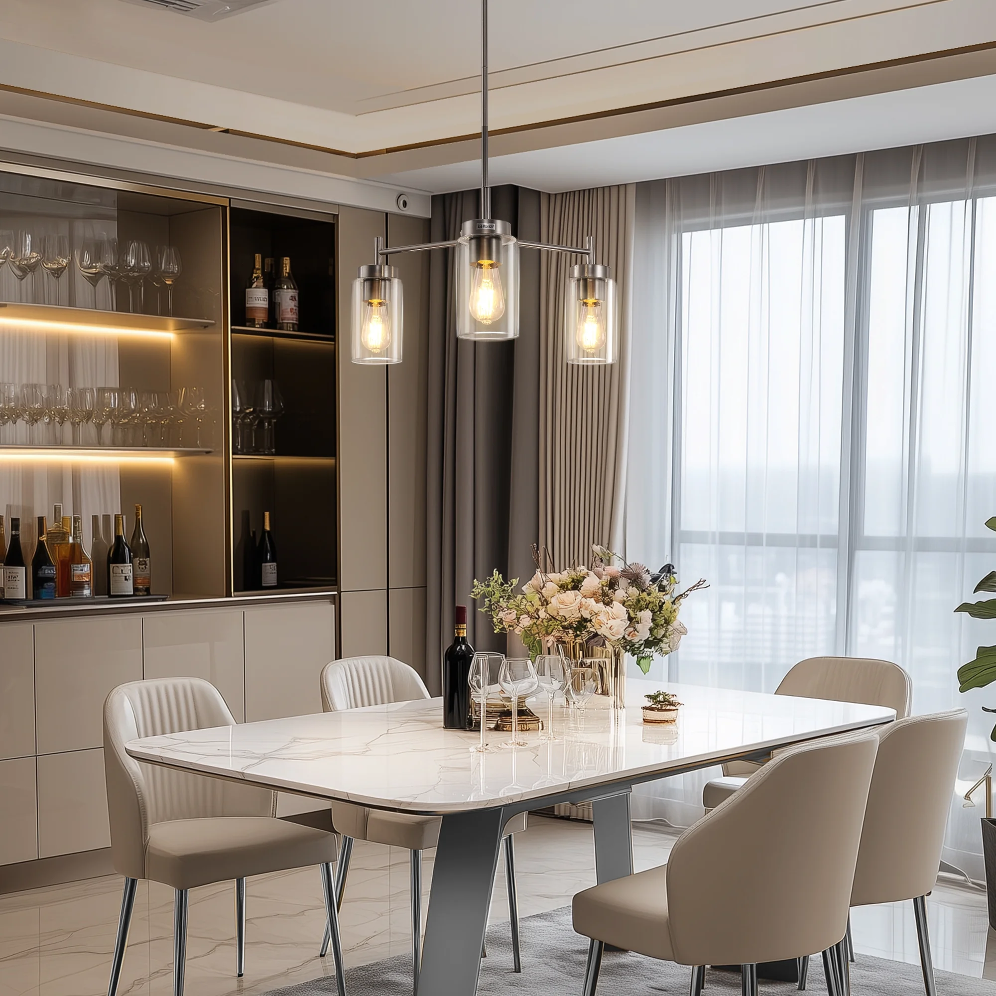 YANSUN 3-Light Modern Dining Room Chandelier, Pendant Light Fixture for Kitchen Island and Ceiling, Hanging Light Fixture,Nickel