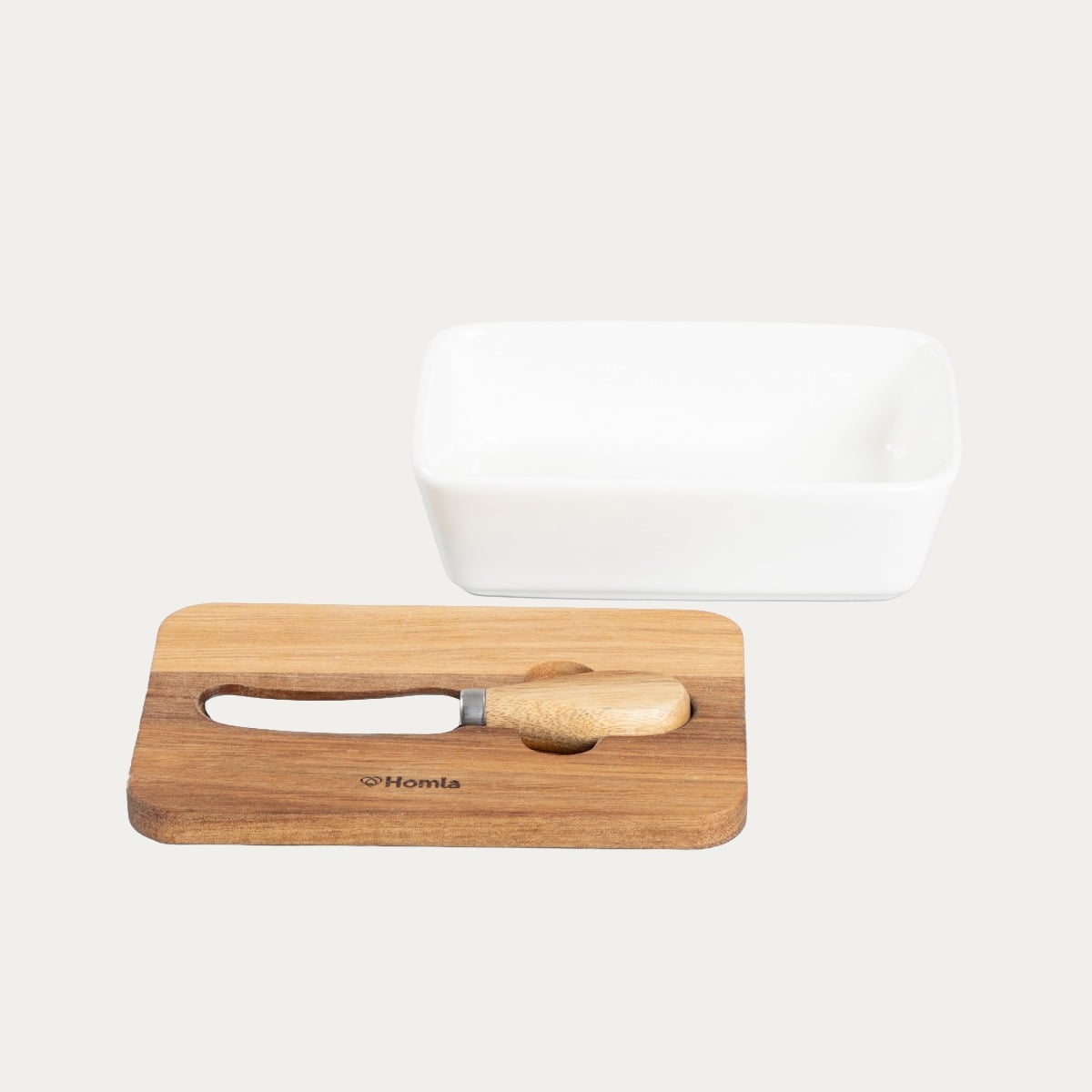 Maselniczka MOOKA porcelanowa z nożykiem i akacjową pokrywką biała 11x16 cm