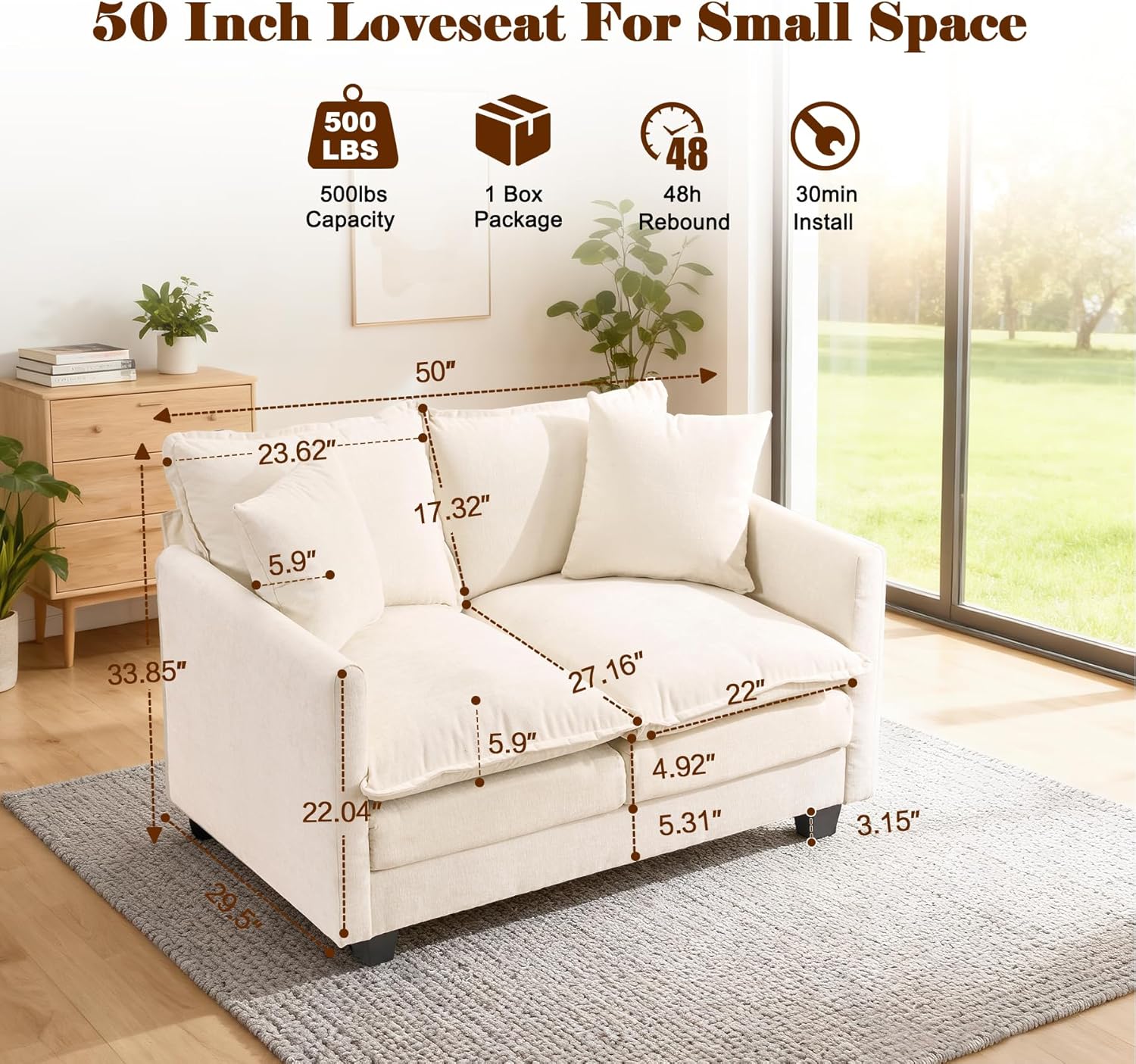 Loveseat Sofa Cloud Sofa Couch 50'', Modern Loveseats 2 Seat Couch 27