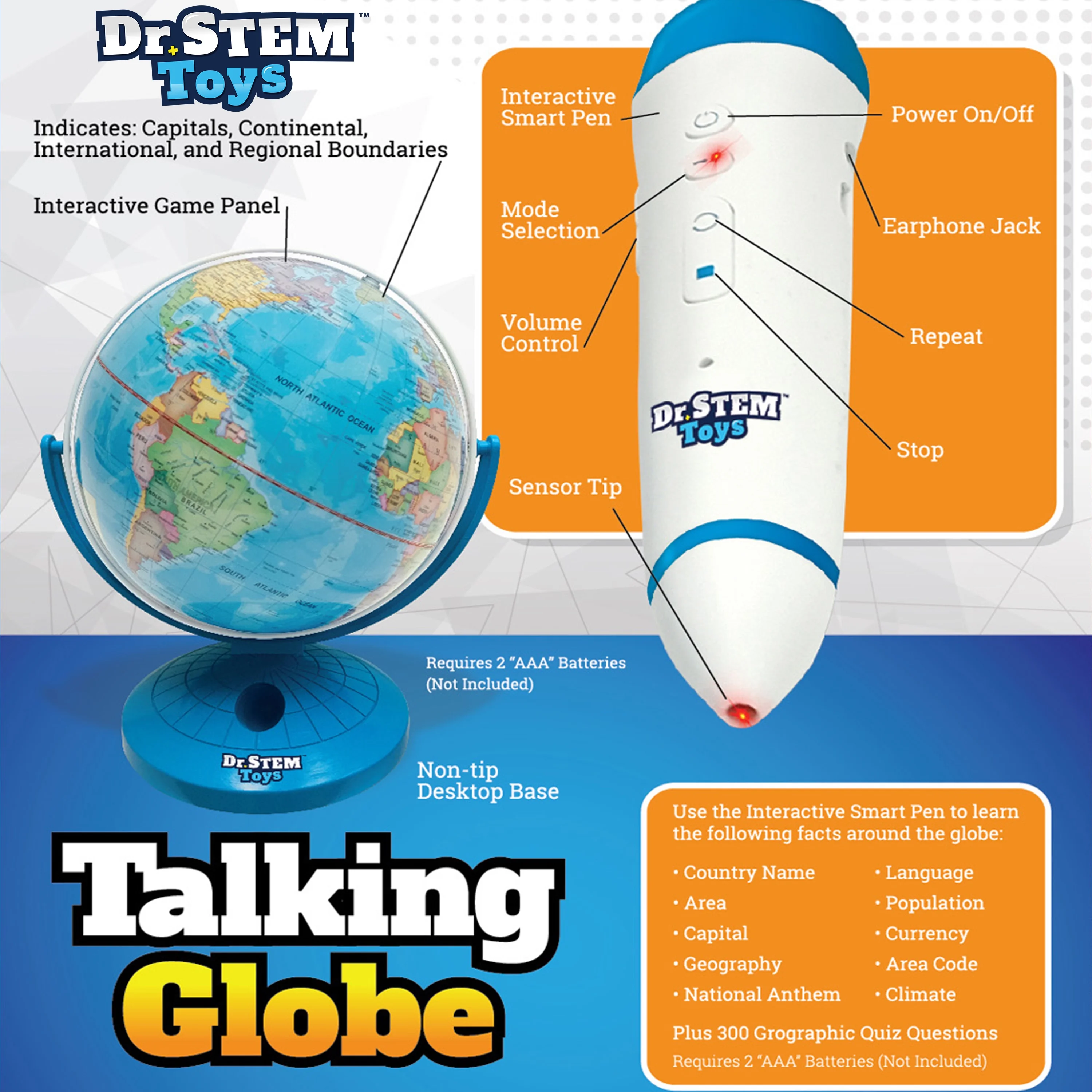 Dr. STEM: Interactive Talking Globe - Touch & Learn, Geographic Education Learning Set, Smart Pen, Electronic Game Panel, 300 Quiz Questions, Kids 6+ - Image 12