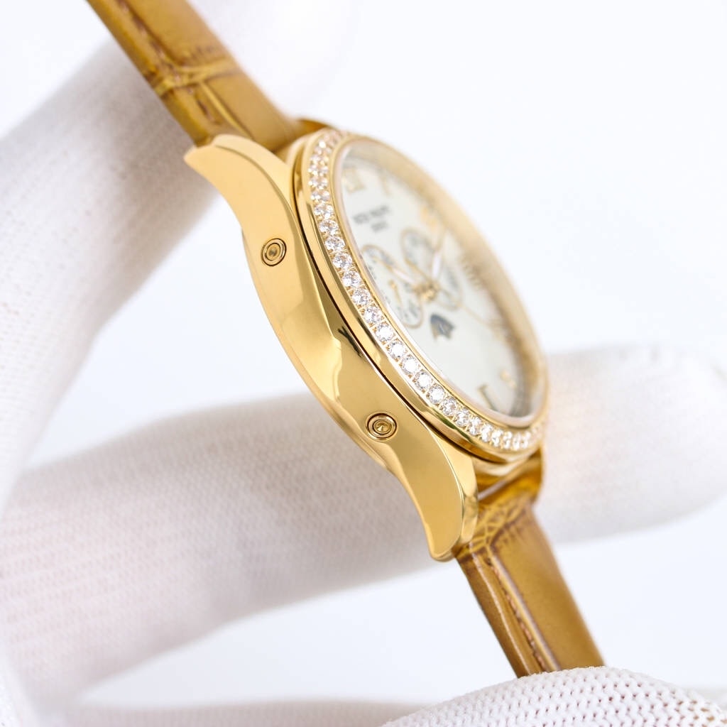 Fake diamond Watch Patek Philippe Replica 4936J-001 Complications Ladies Annual Calendar Moon Phase 37mm White Mother of Pearl Roman Diamond Bezel Yellow Gold Leather Date(1:1 replica) - Top club