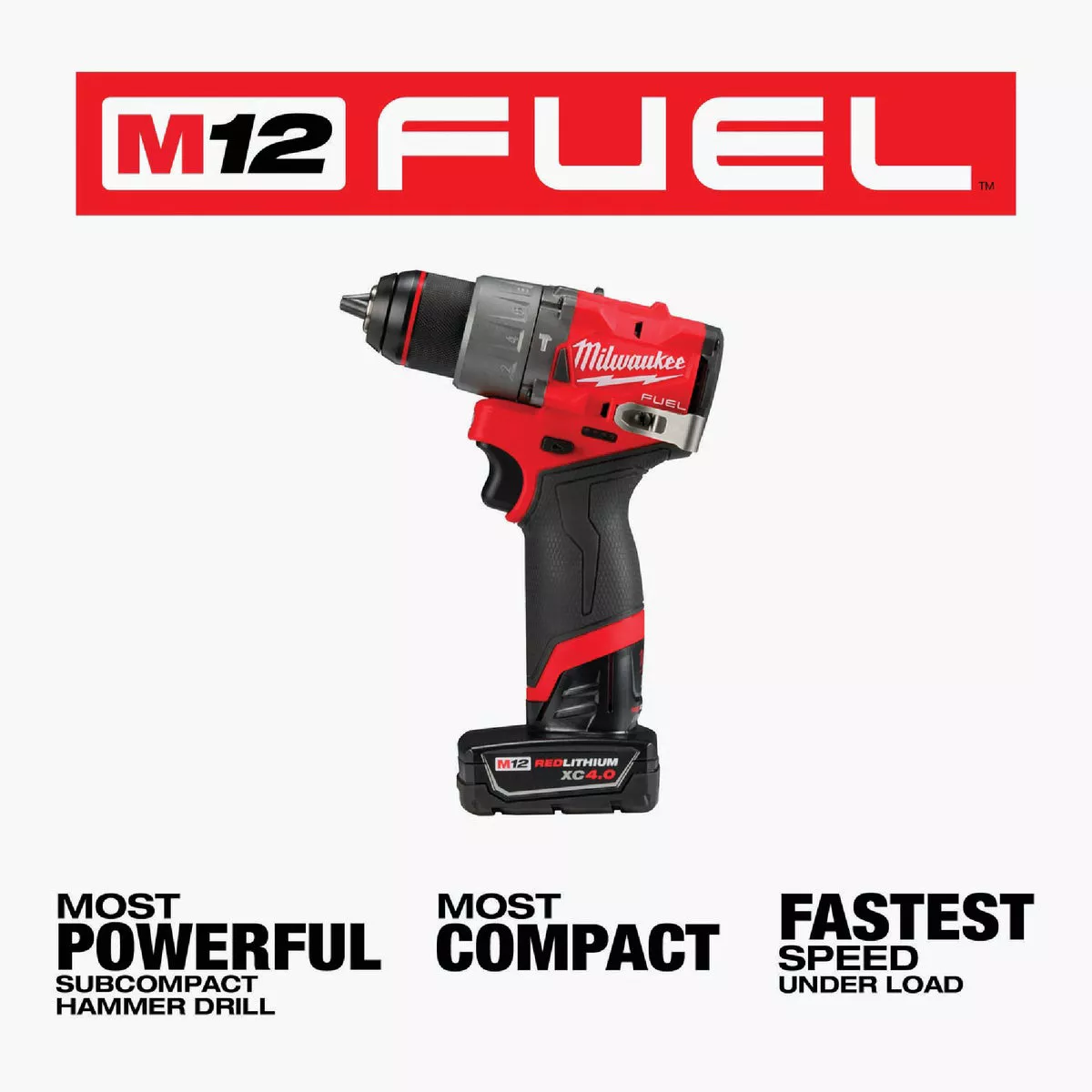 Milwaukee M12 FUEL Brushless 1/2 In. Subcompact Cordless Hammer Drill/Driver Kit with 4.0 Ah Battery & 2.0 Ah Battery & Charger