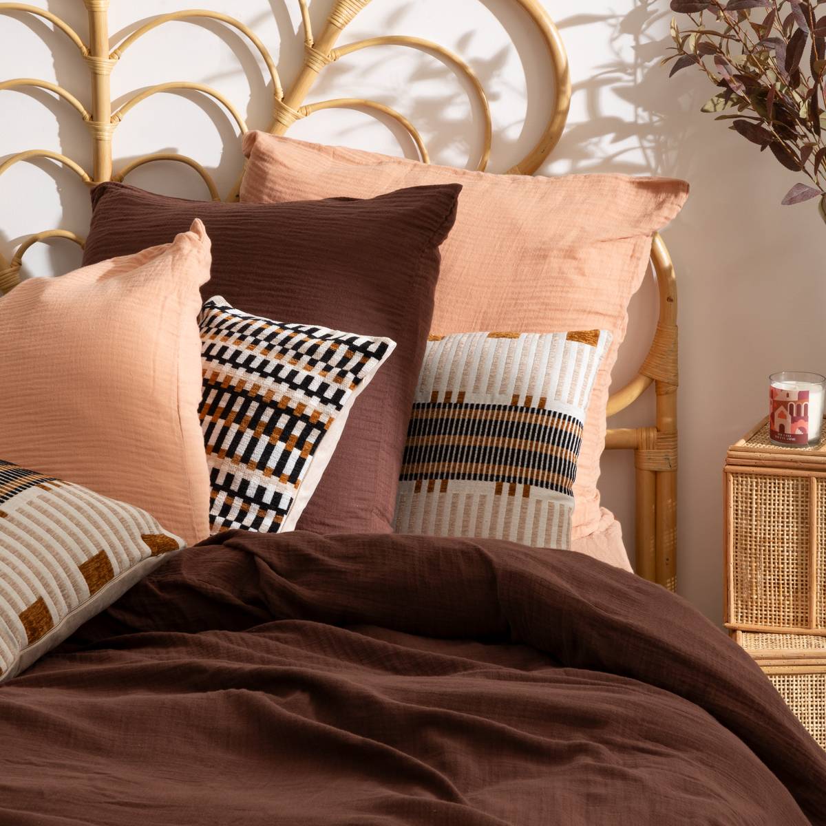 3-piece bed set "Flora" Cotton gauze, Brown, 240x220 cm