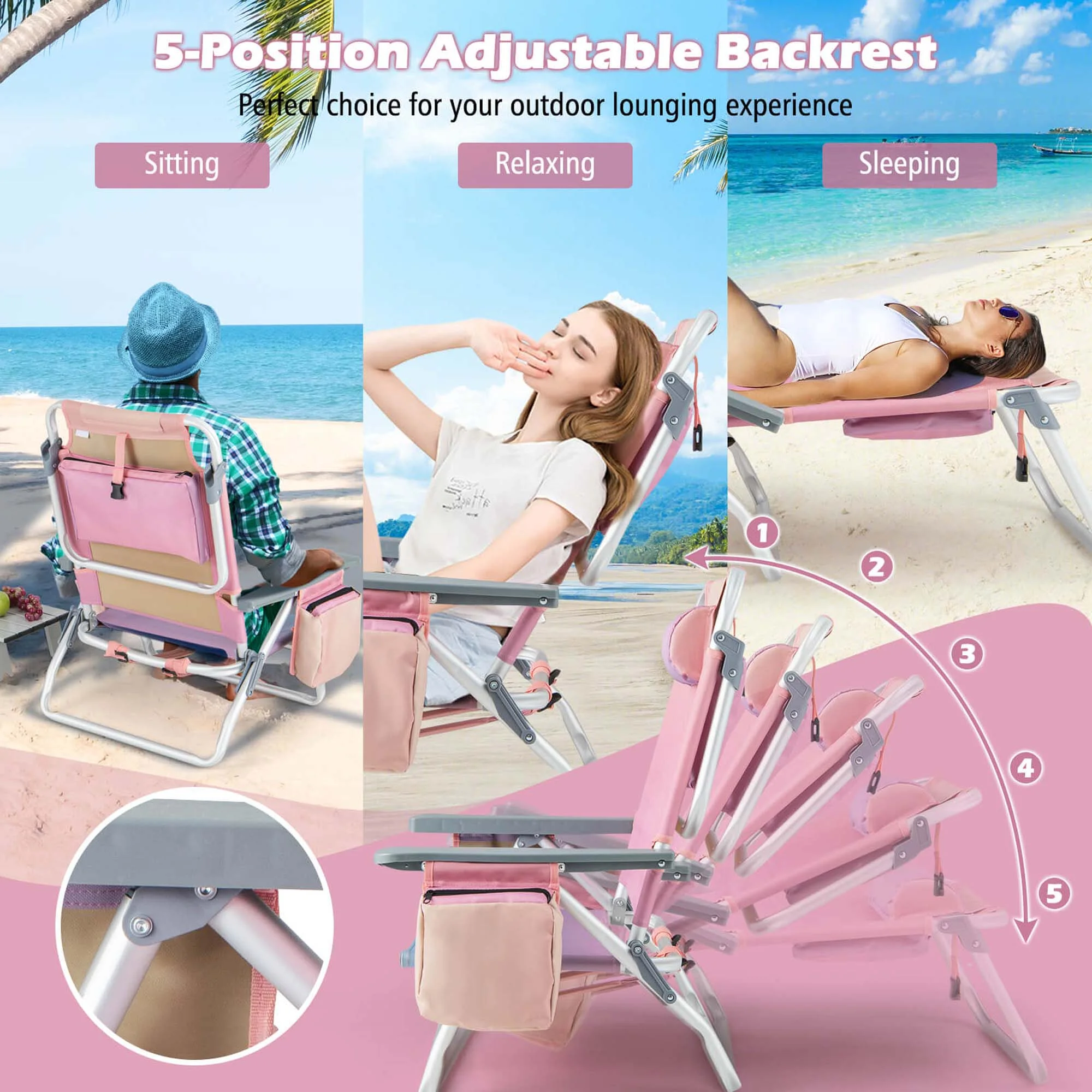Costway 2-Pack Folding Backpack Beach Chair Table Set 5-Position Outdoor Reclining Chair Pink - Image 10