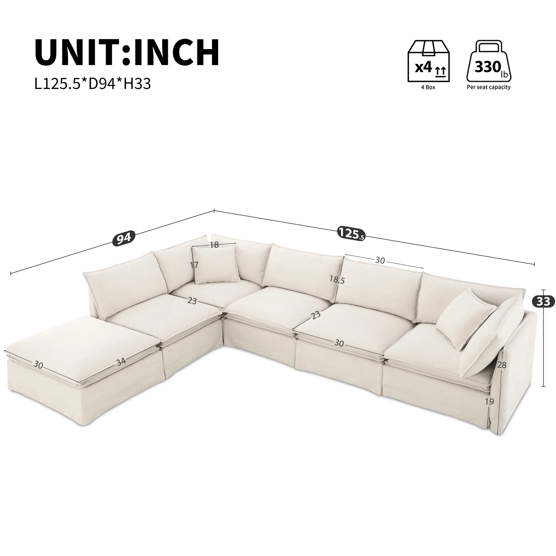 Harper & Bright Designs Modular Sectional Sofa Set with Movable Ottoman, Chenille 6-Seat L-Shaped Couch, Oversized Free Combination Sectional Sofe with for Living Room, Off White