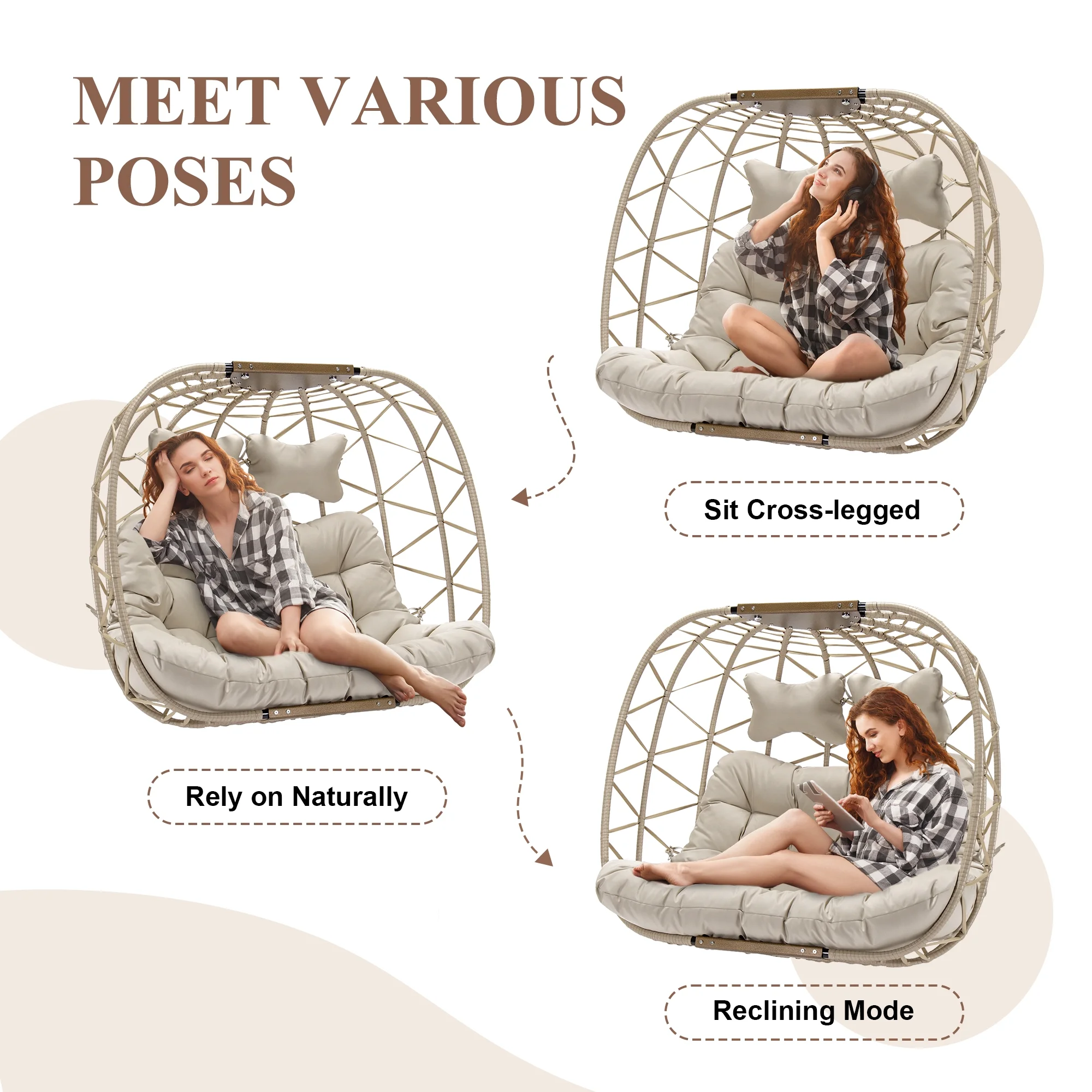RADIATA Double Wicker Egg Swing Chair with Stand, 2-Person Hanging Egg Chair for Indoor/Outdoor, 700lbs Capacity, Thick Cushions & Headrest,Sturdy Metal Frame��Dark Gray - Image 28