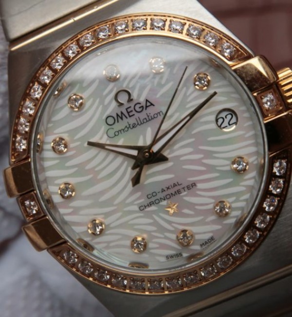 Replica Omega V6 Constellation 35mm SS White Dial Diamonds   Bezel Markers RG Bezel A2500 - Top club