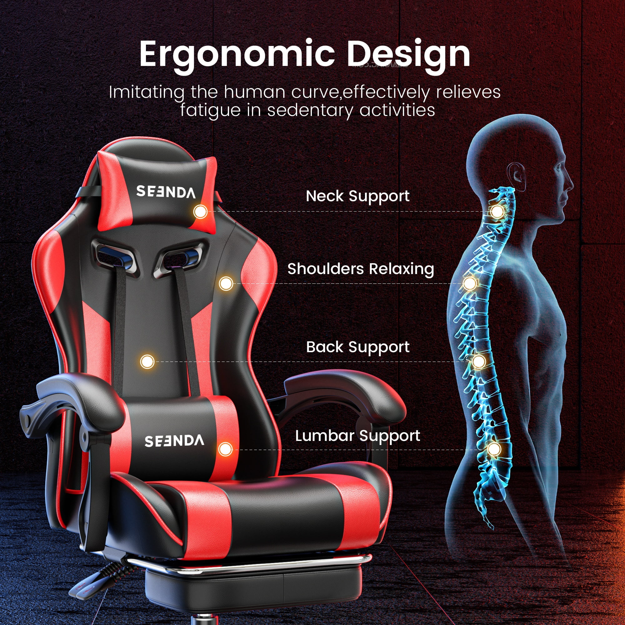 Gaming Chair, Seenda Computer Office Chair, Linkage Armrests and Footrest, High Back Ergonomic Home Office Desk Chair with Lumbar Support Task Chair, Red