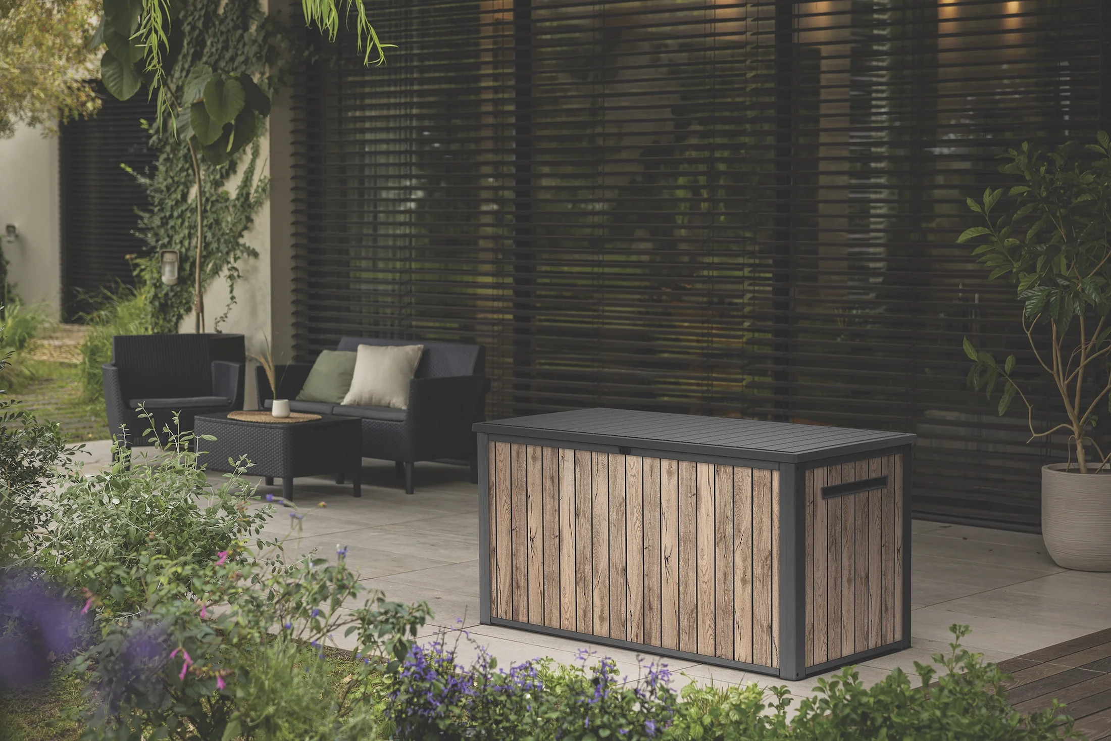 Keter Signature 170 Gallon Durable Resin Outdoor Deck Box Storage Organization, Pine - Image 3