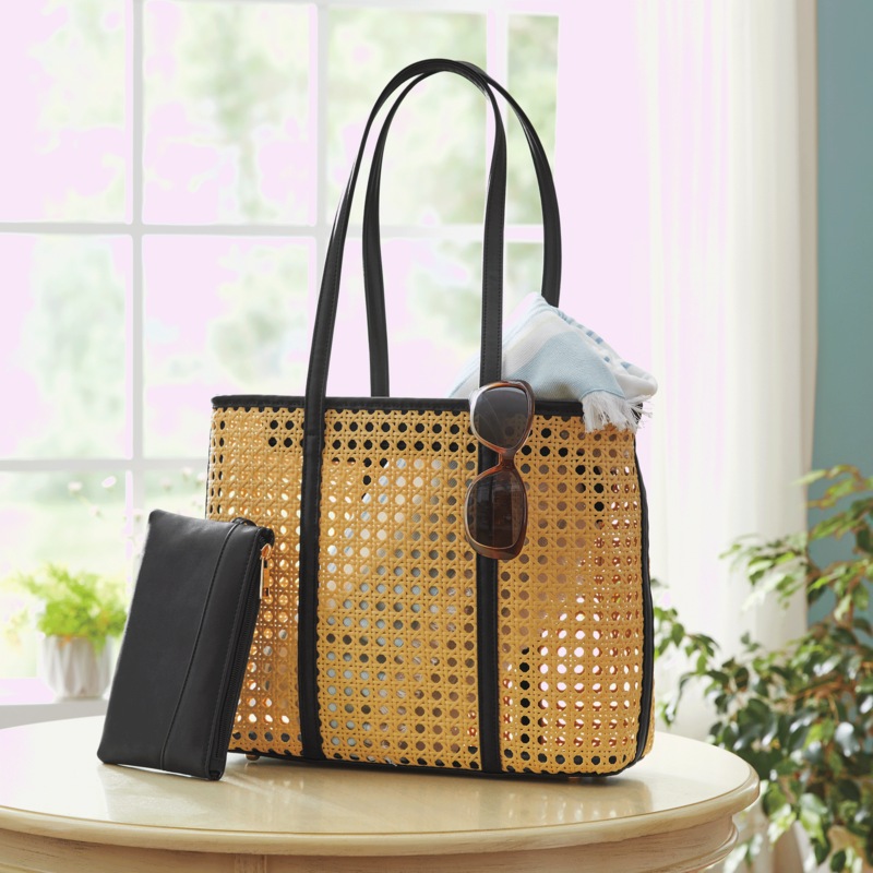Woven Rattan Calypso Beach Tote with Faux Leather Pouch - MIDNIGHT VELVET CATALOG
