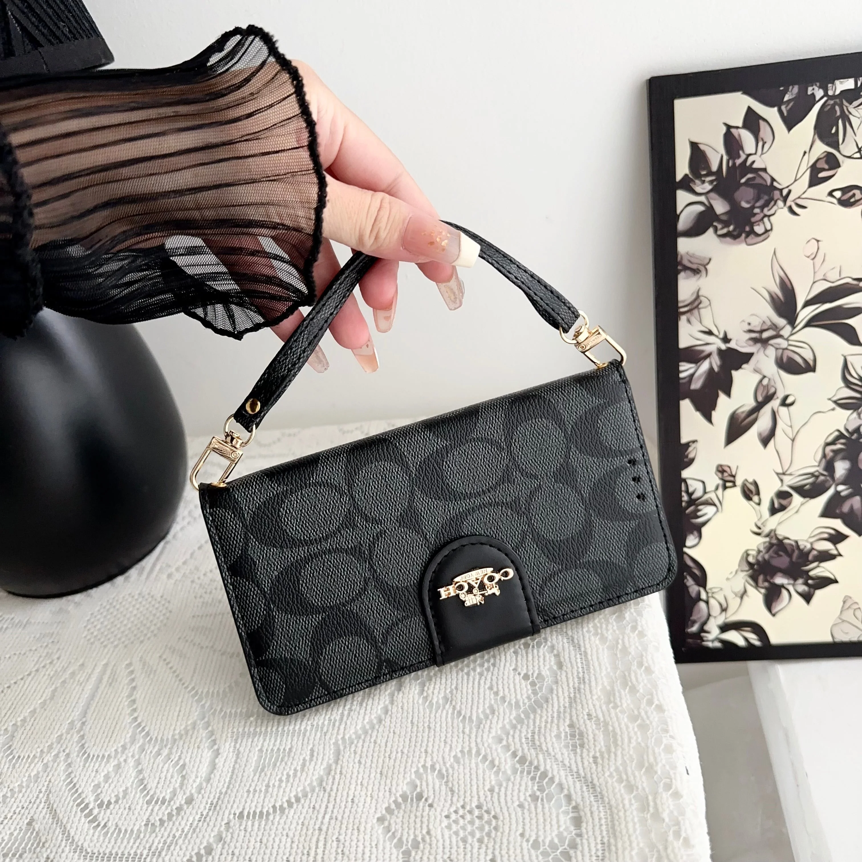 Coach iPhone Case  Leather Flip Case with Card Holder Black-PTK241622 - Wholesale & Influencer