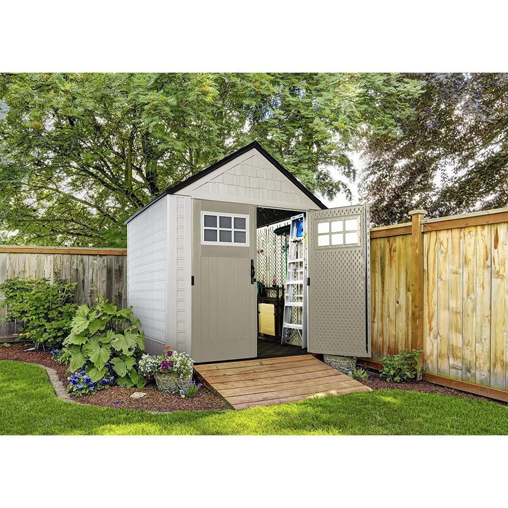 Rubbermaid Resin Outdoor Garden Storage Shed 7 x 7 ft, Sand - With Windows And Utility Hooks - Image 9 Rubbermaid Resin Outdoor Garden Storage Shed 7 x 7 ft, Sand - With Windows And Utility Hooks - Image 9