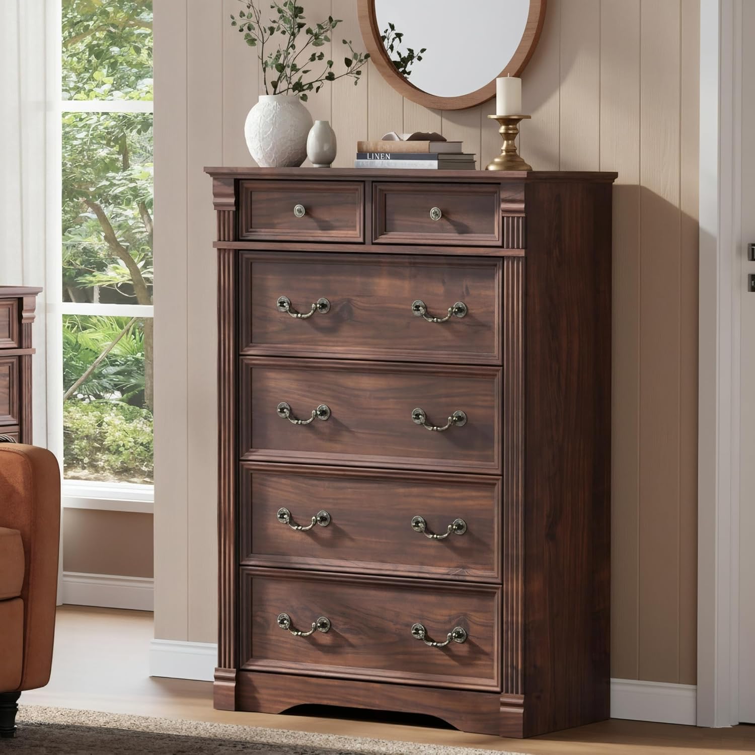 Walnut 6 Drawer Dresser for Bedroom, 47