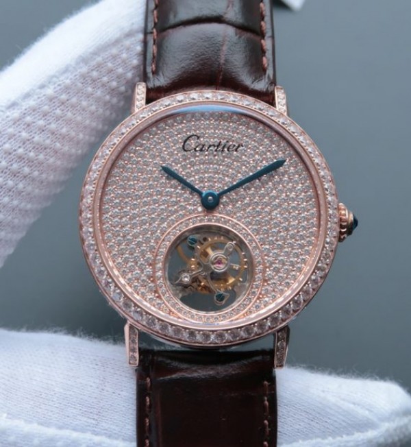 Replica Cartier Tourbillon RG Diamonds Dial Bezel Leather Strap - Top club
