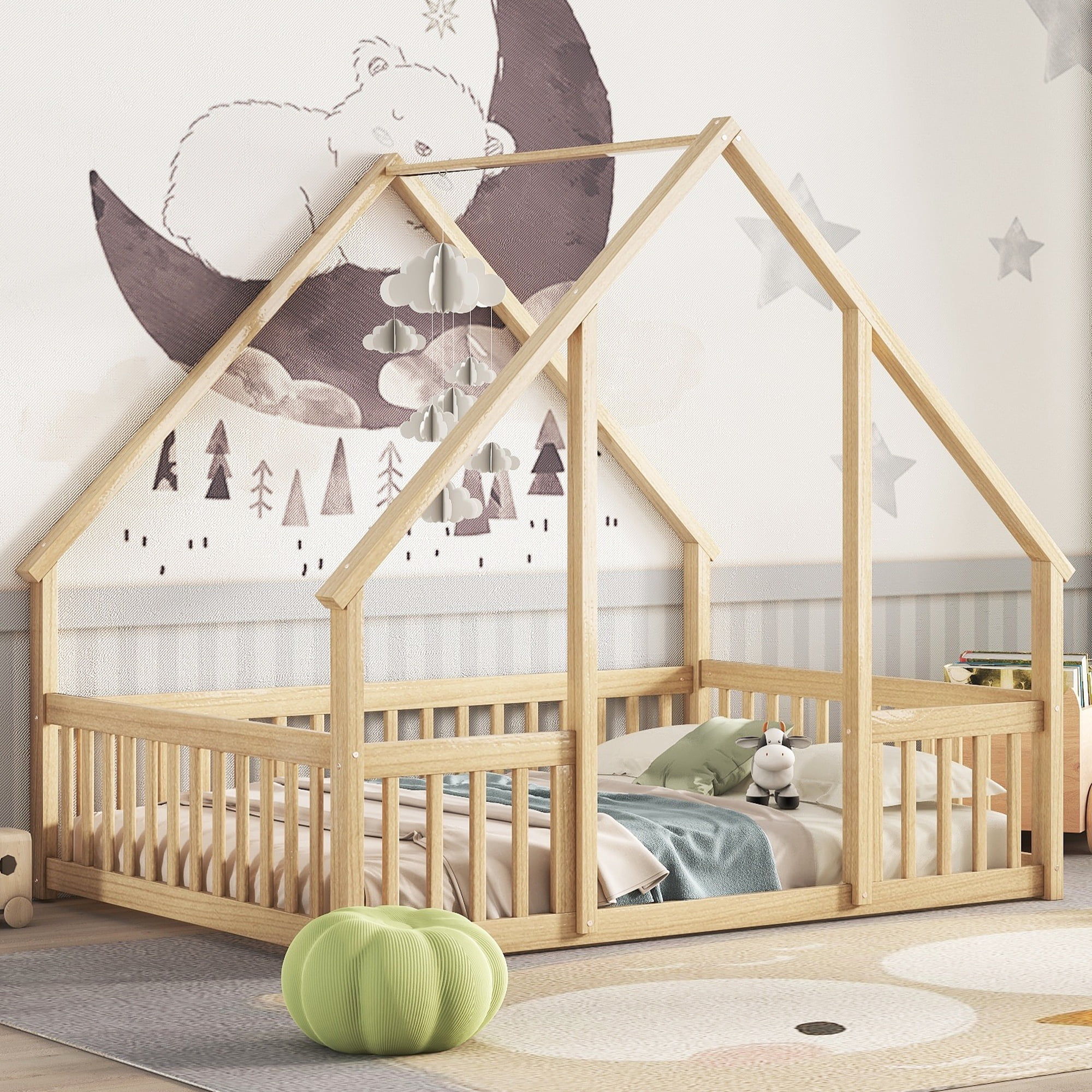 Bellemave Twin Size Floor Bed Frame, Wooden House Bed Twin Size with Fence, Montessori Bed with Guardrails for Bedroom (White) - Image 48