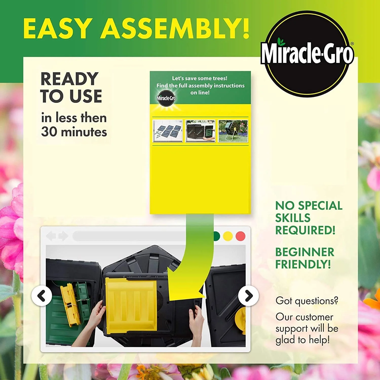 Miracle Gro Dual Chamber Compost Tumbler Outdoor Bin with Easy-Turn System, 2 Sliding Doors, Sturdy Steel Frame, All Season Composter , BPA-Free - Gardening Gloves included