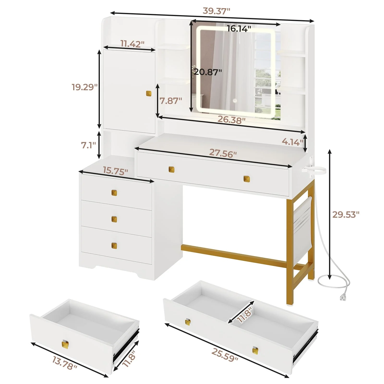 Makeup Vanity Desk with Lighted Mirror & Charging Stations & 6 Drawers Large Vanity Table Bedroom Dressing Table with Glass Tabletop&Side Cabinet&Glass Tabletop, Black - Image 22