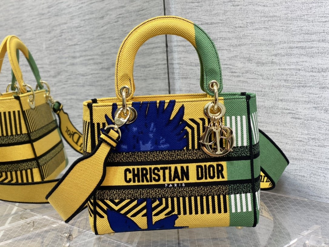 Christian Dior Medium Lady D-Lite Bag D-Flower Pop Embroidery, Bright Yellow/Green, For Women Women’s Handbags, 24cm CD M0565OROO_M8861:1High-quality replica