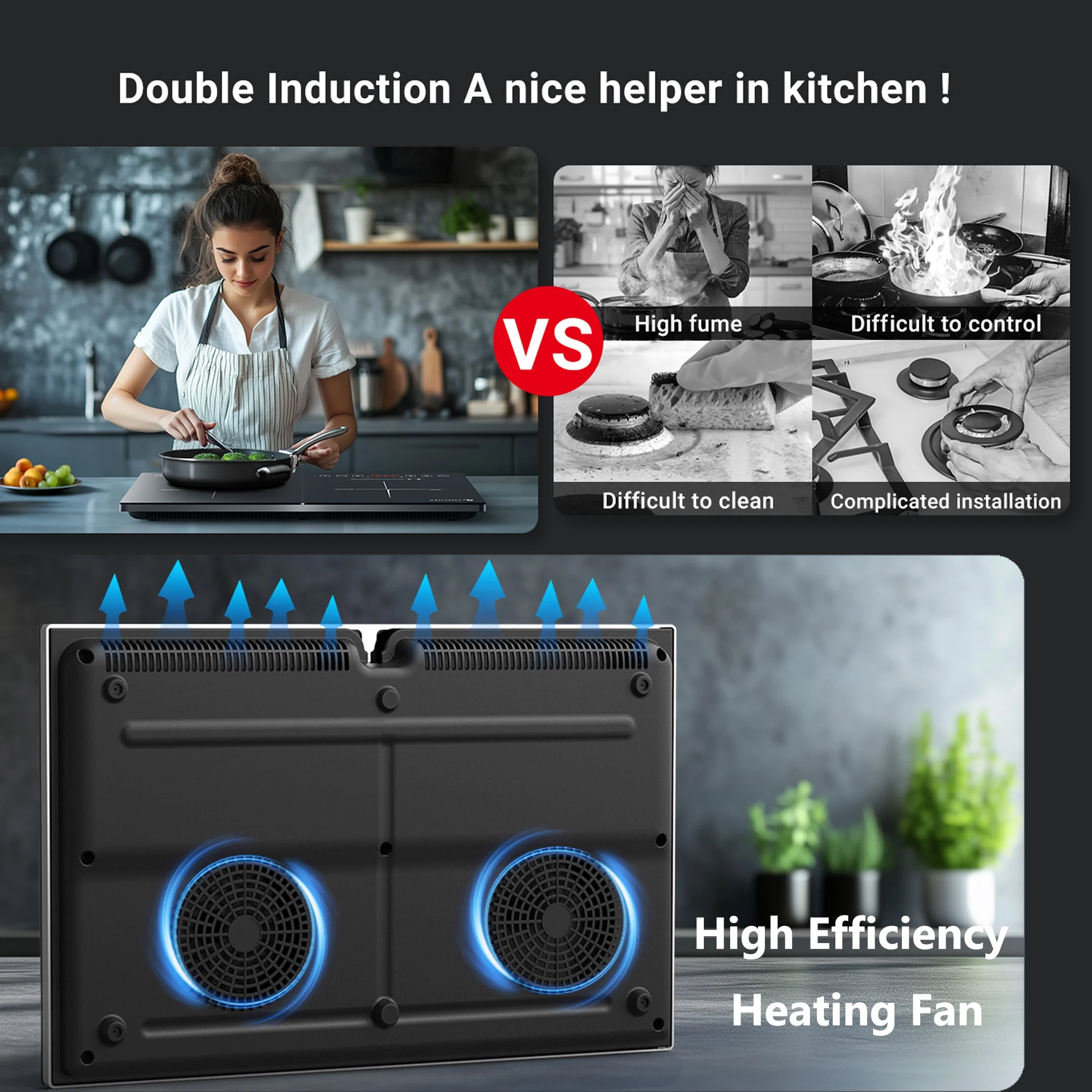 Aobosi Double Induction Cooktop with 2 Burners, 1800W Electric Stove Cooktop with Sensor Touch, 10 Temperature 9 Power Settings - Image 6