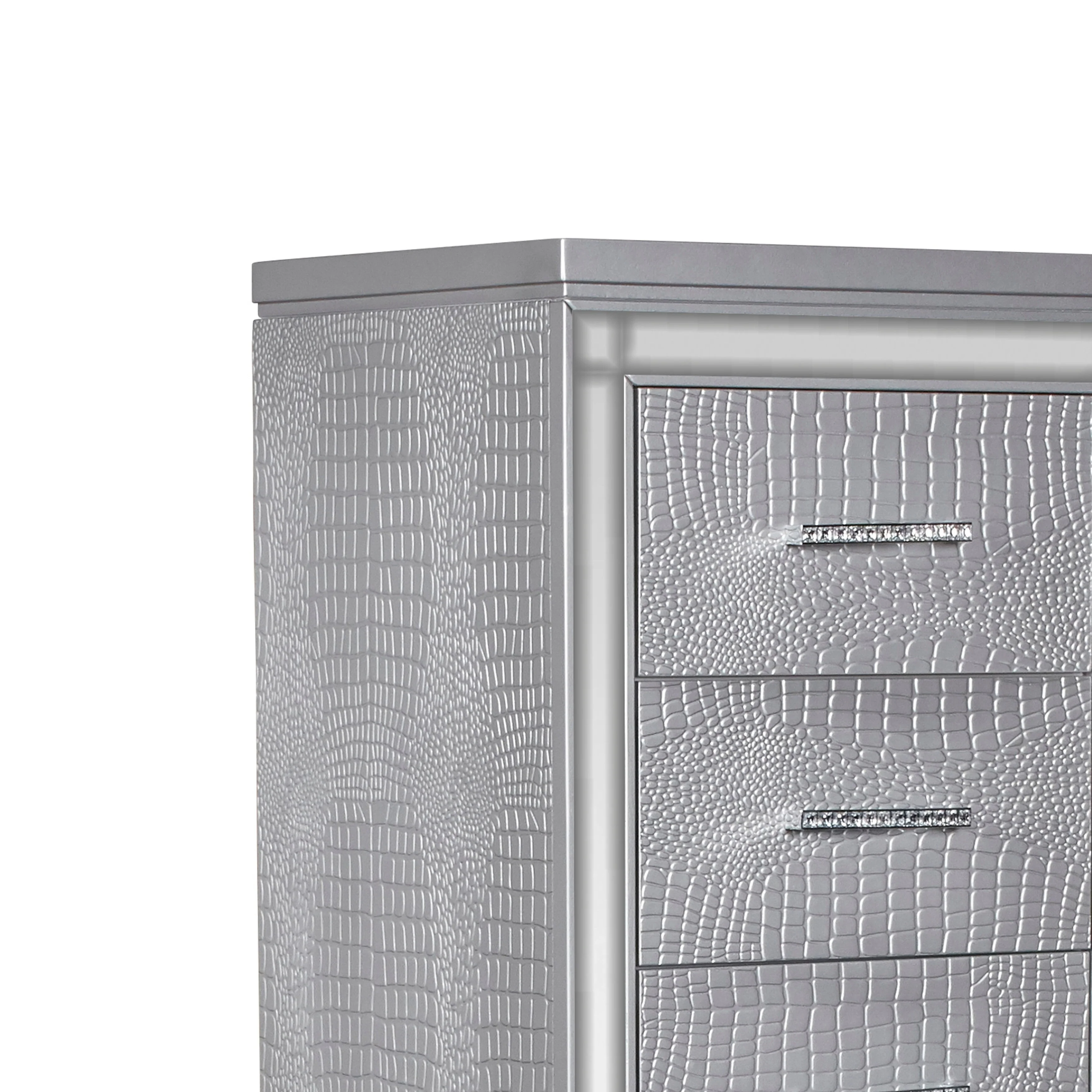 Modern Style Wooden Chest with Mock Croc Panels, Silver